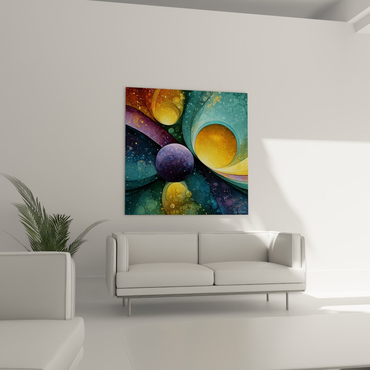 Composition cosmique dorée et bleu turquoise du tableau géométrique abstrait au-dessus d'un canapé dans un salon lumineux