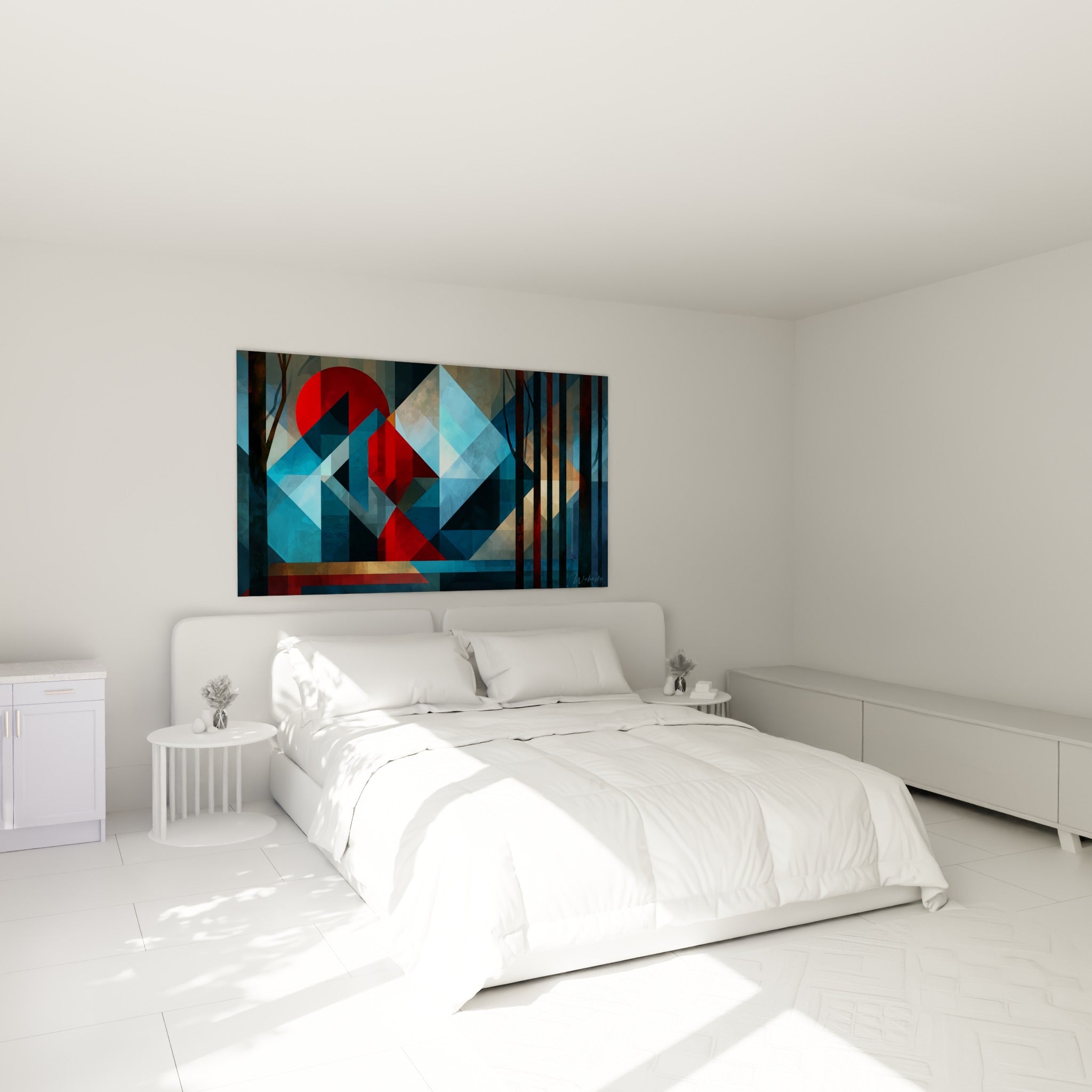 Formes géométriques bleues et rouges de ce tableau abstrait accrochées au-dessus d'un lit dans une chambre claire