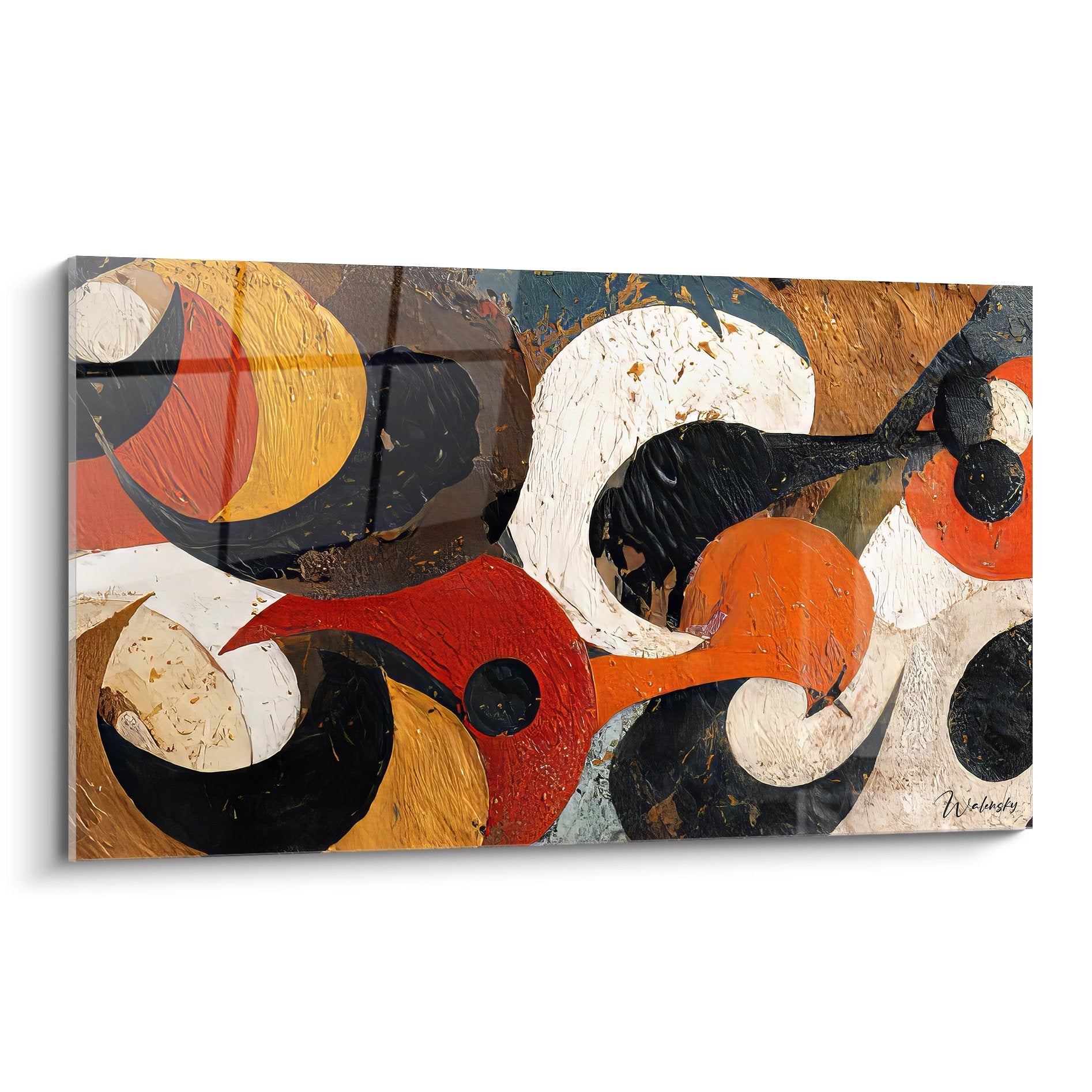 Tableau géométrique abstrait formes circulaires colorées orange rouge blanc noir art mural moderne