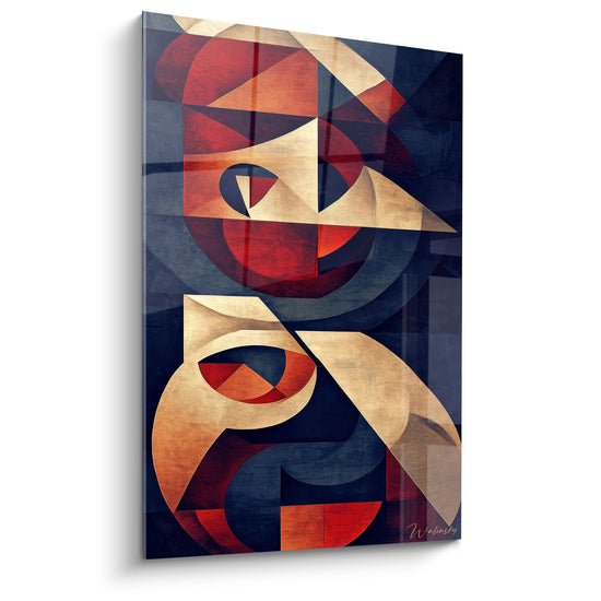 Geometrisches abstraktes Gemälde mit verflochtenen Kreisformen rot blau beige modernes Wandkunstwerk