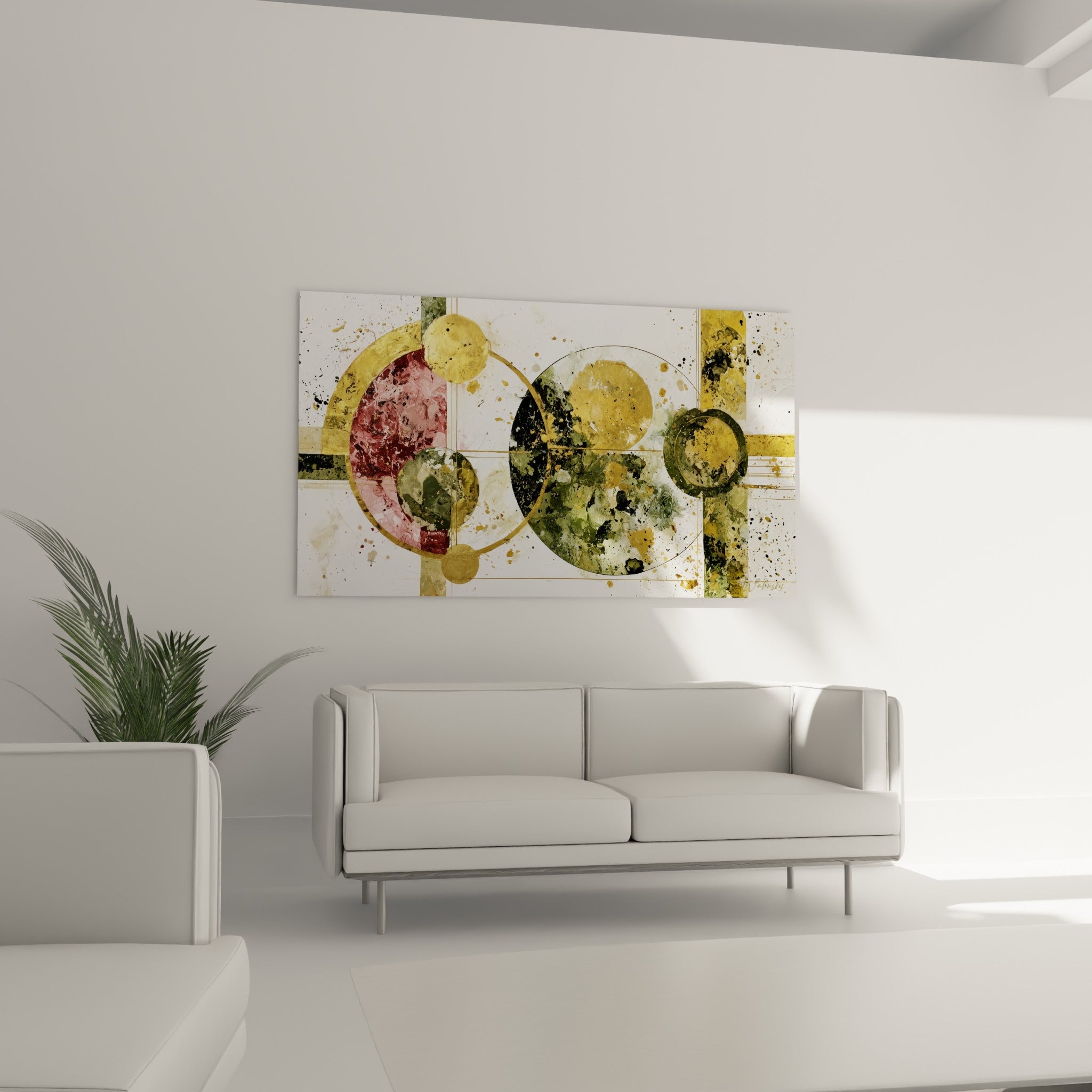Cercles olive et dorés d'un tableau géometrique abstrait accroché au-dessus d'un canapé dans un salon lumineux