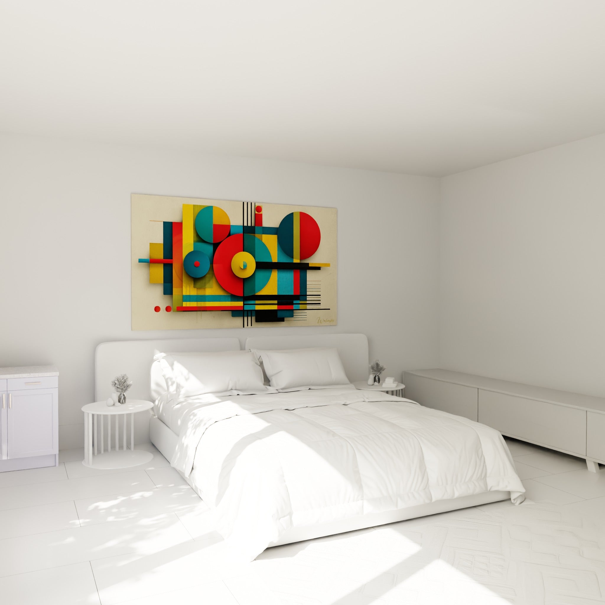 Formes circulaires rouge et turquoise de ce tableau géométrique abstrait au-dessus d'un lit dans une chambre claire