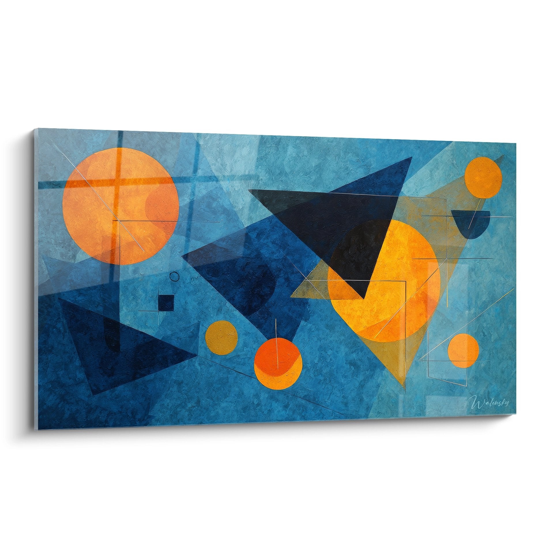 Tableau géométrique abstrait aux formes colorées bleu orange, composition moderne avec cercles et triangles