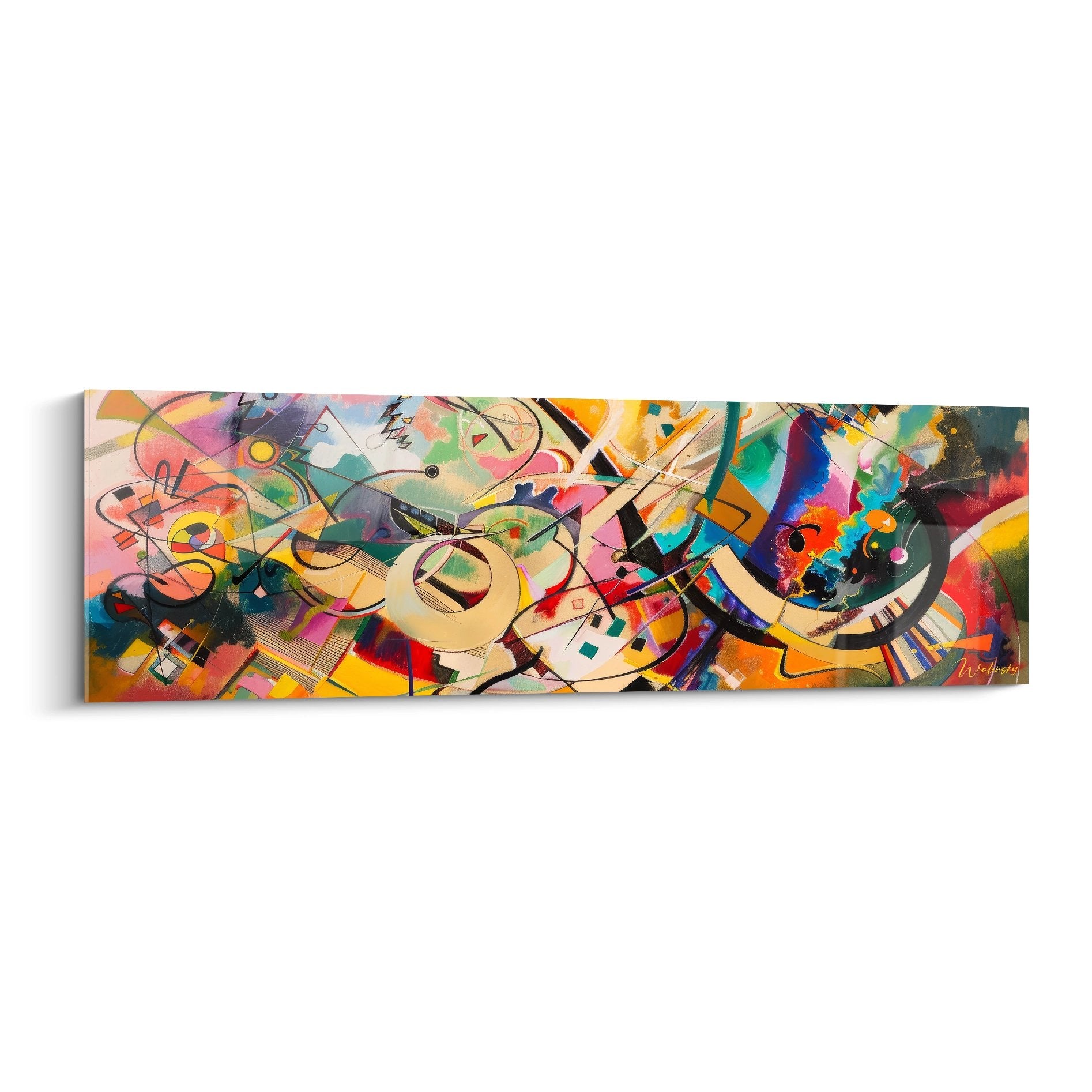 Tableau mural géométrique abstrait aux formes colorées et motifs entrelacés pour décoration moderne