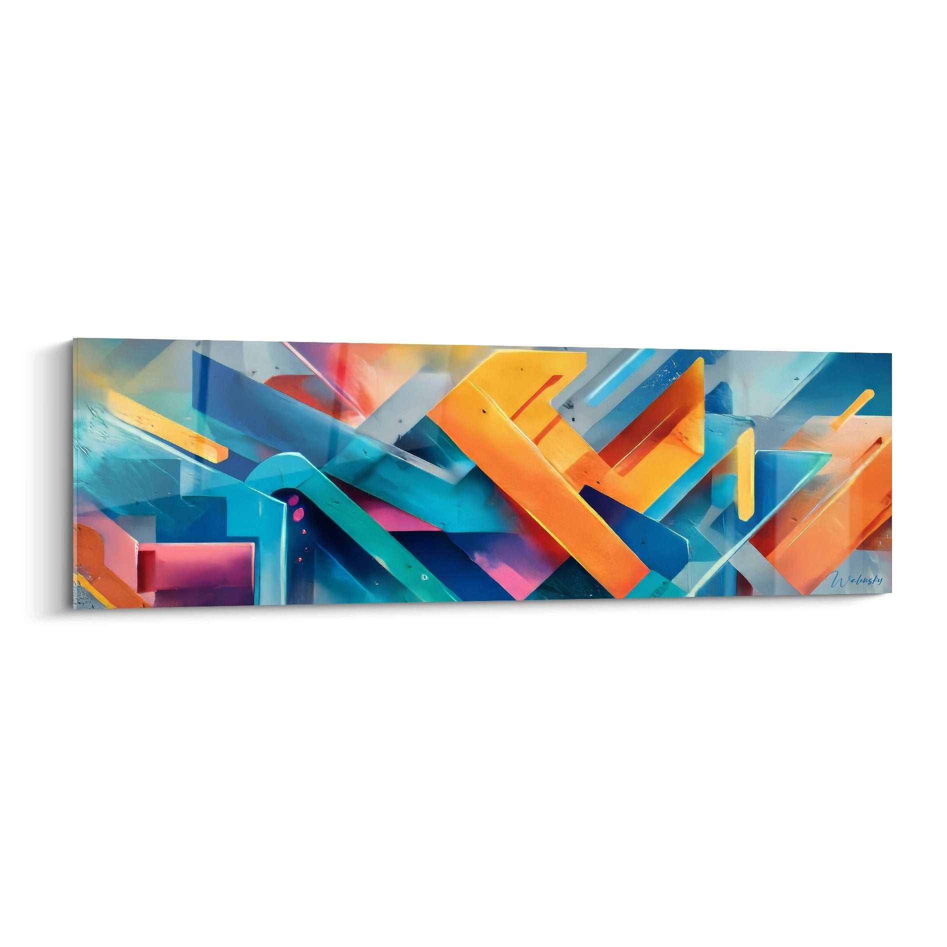 Tableau mural géométrique abstrait avec formes colorées dynamiques orange bleu pour décoration moderne