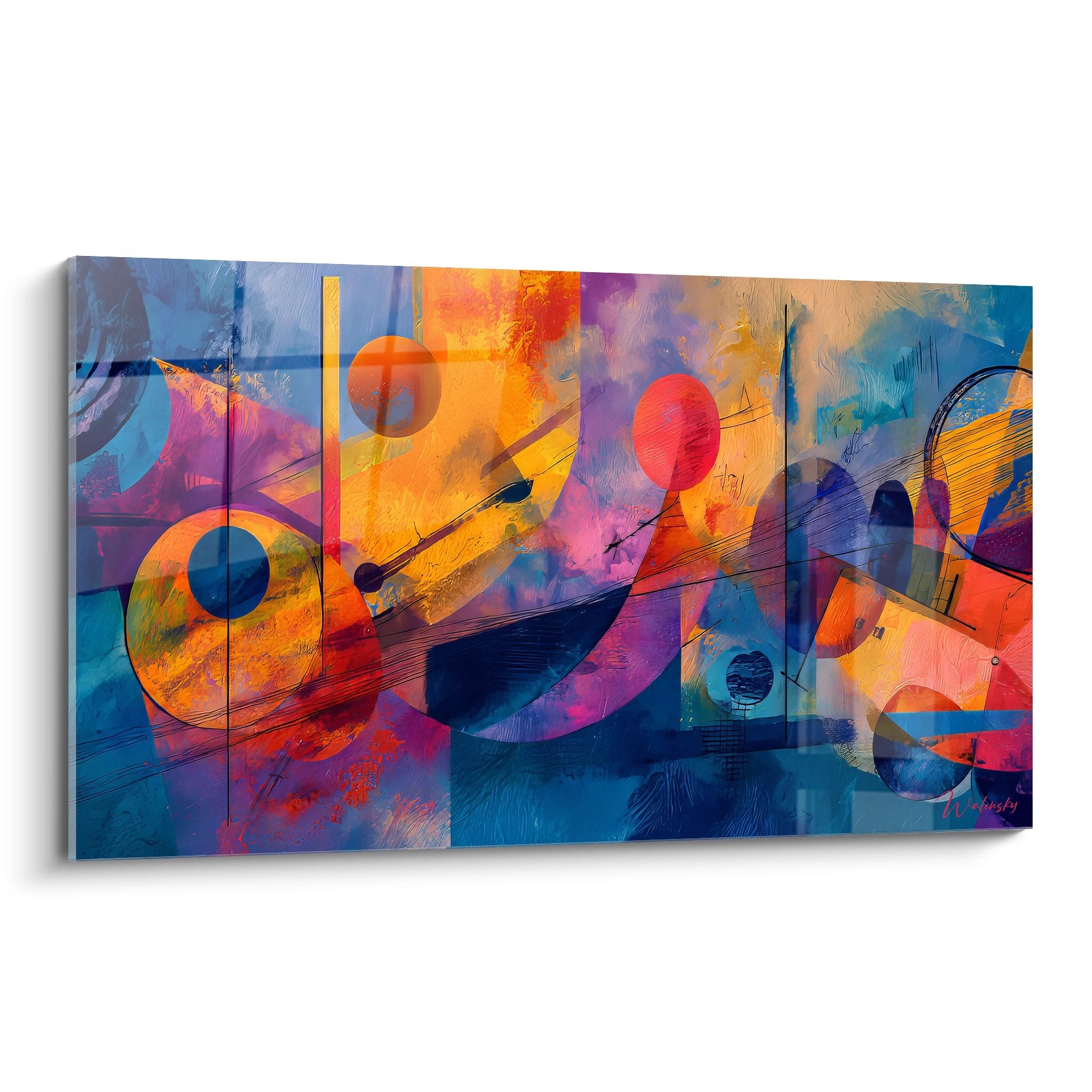 Tableau mural géométrique abstrait aux formes colorées orange bleu violet pour décoration moderne