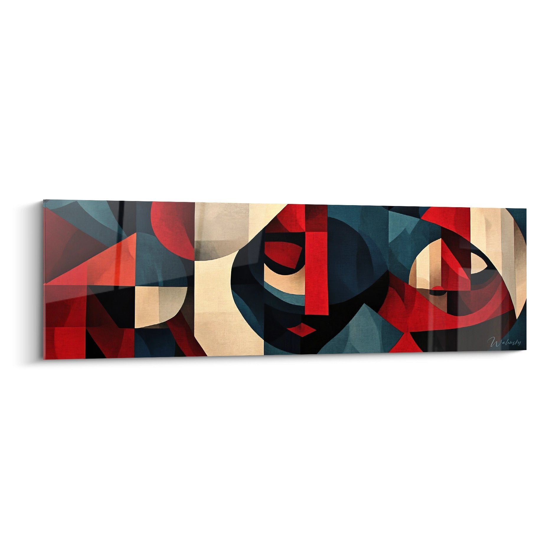 Tableau mural géométrique abstrait aux formes entrelacées rouge bleu beige style moderne contemporain