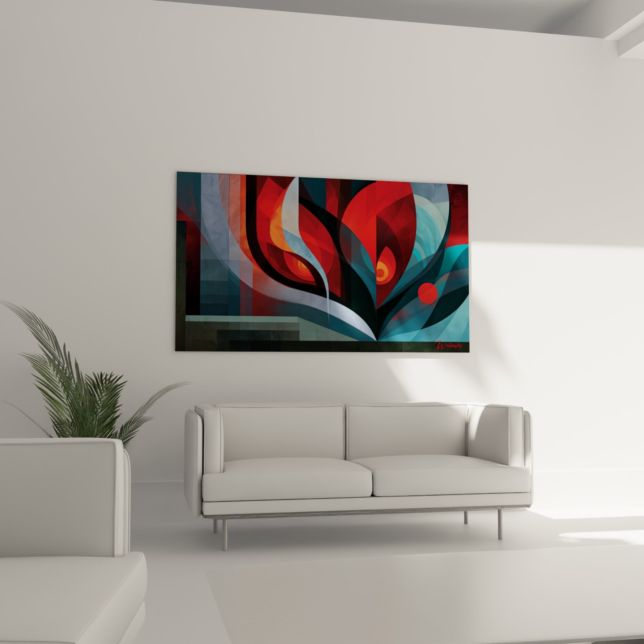 Composition incandescente orange et bleu pétrole du tableau géométrique abstrait au-dessus d'un canapé dans un salon lumineux