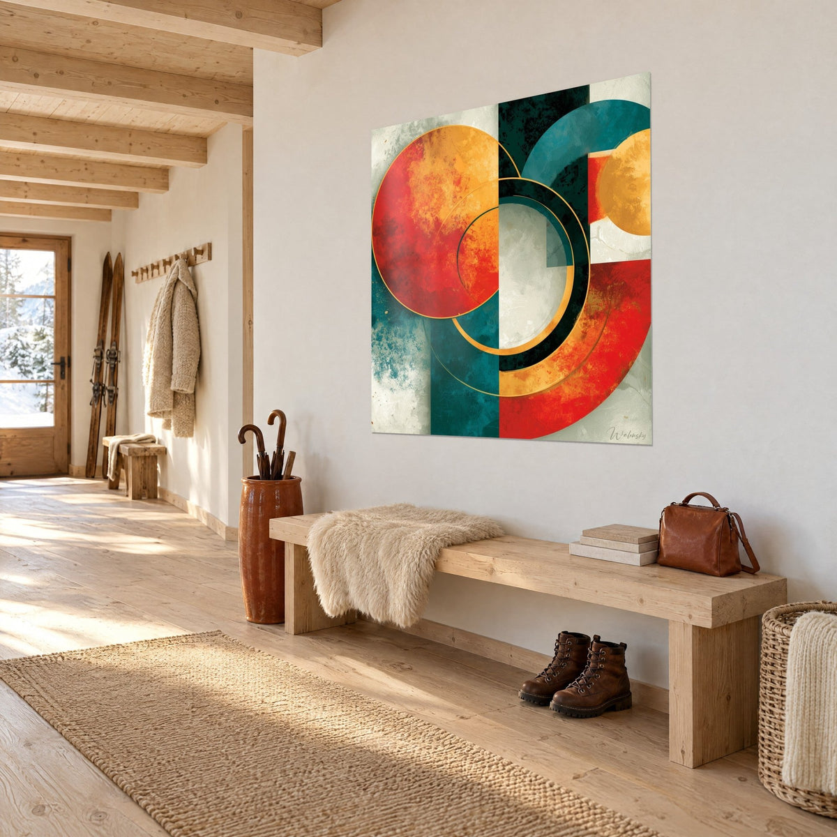 Cuadro con composición geométrica en rojo y turquesa con discos ocre, vista de tres cuartos, pared blanca, banco de madera de un chalet