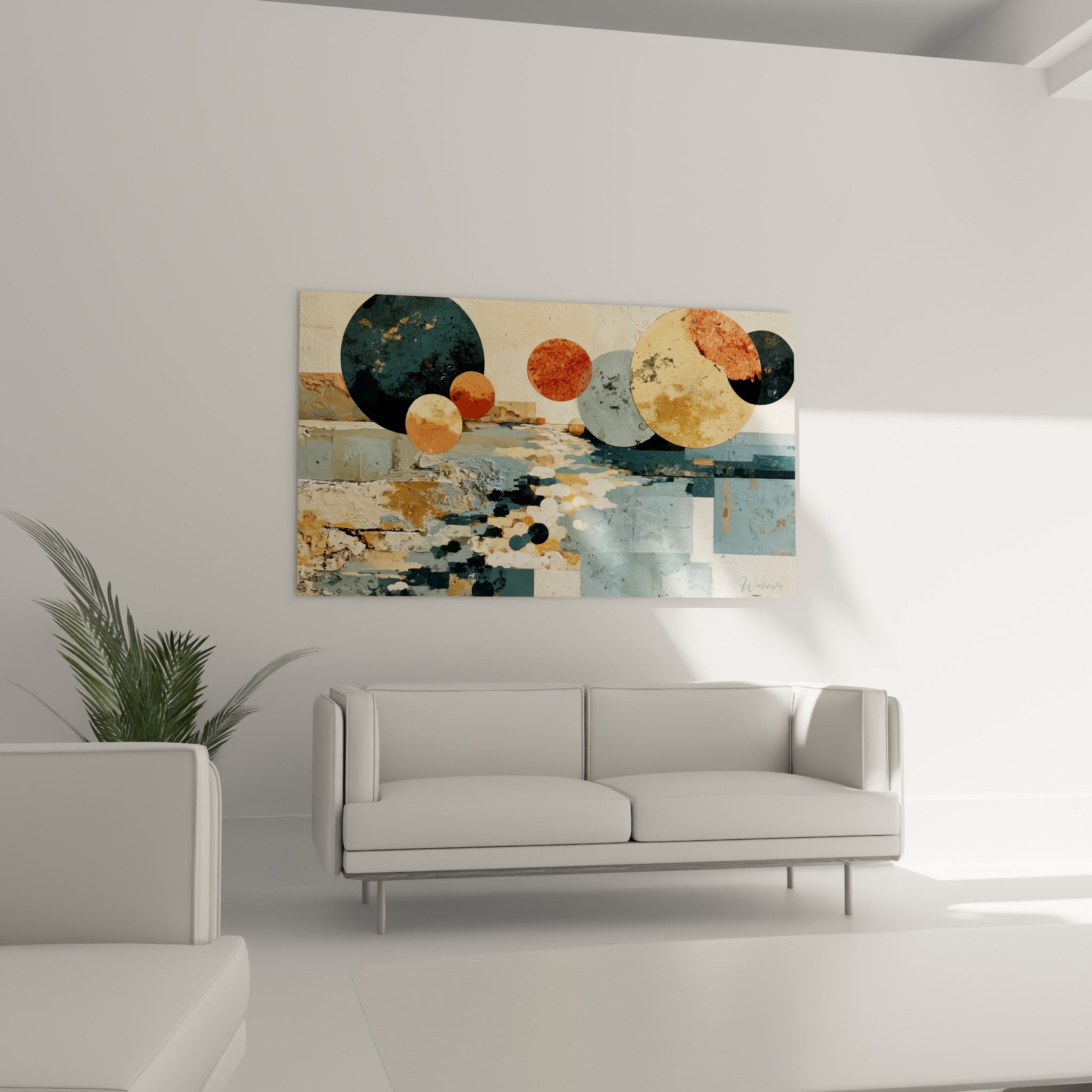 Formes rondes géométrique abstrait ocre et anthracite au-dessus d'un canapé dans un salon lumineux