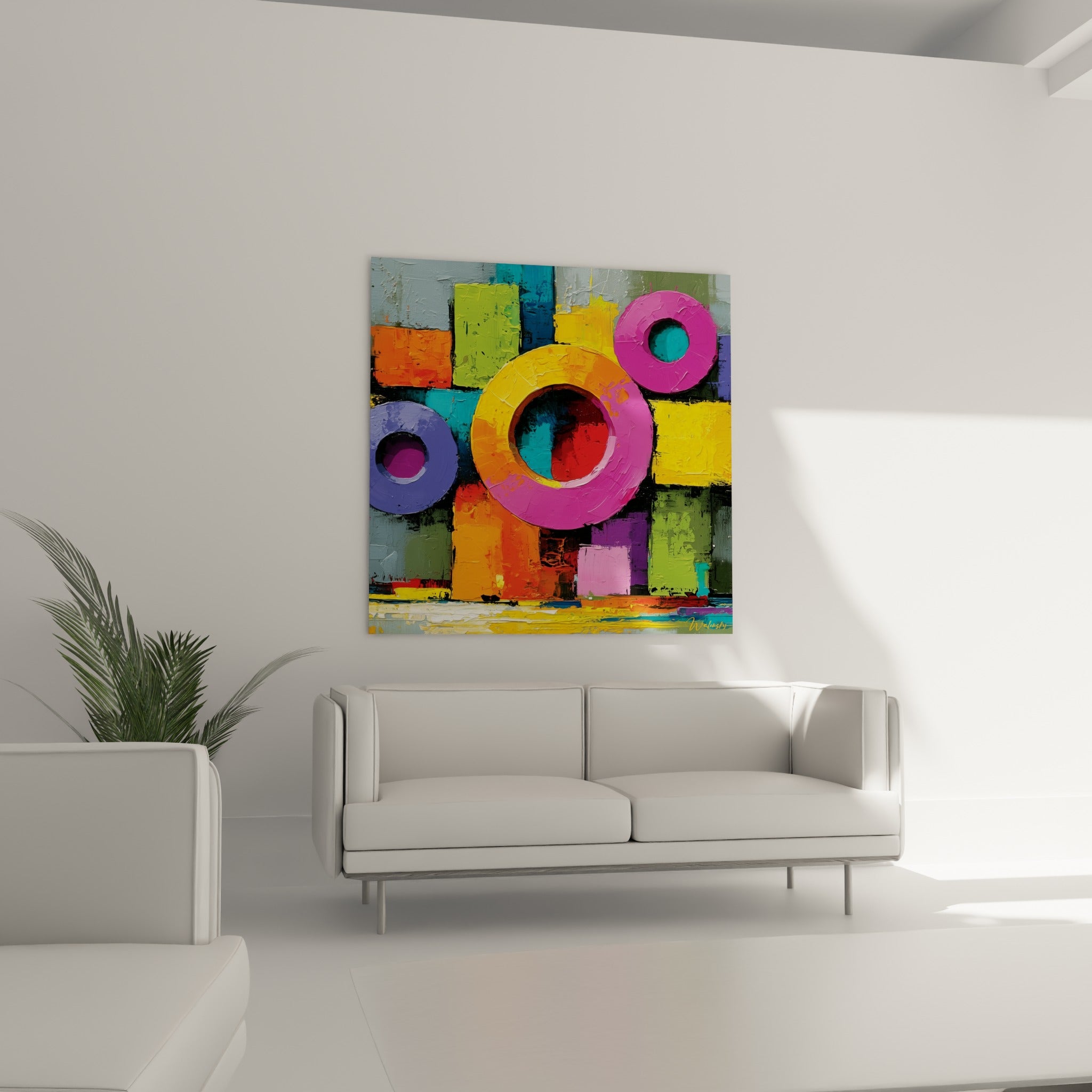 Formes circulaires turquoise et magenta du tableau géometrique abstrait au-dessus d'un canapé dans un salon lumineux
