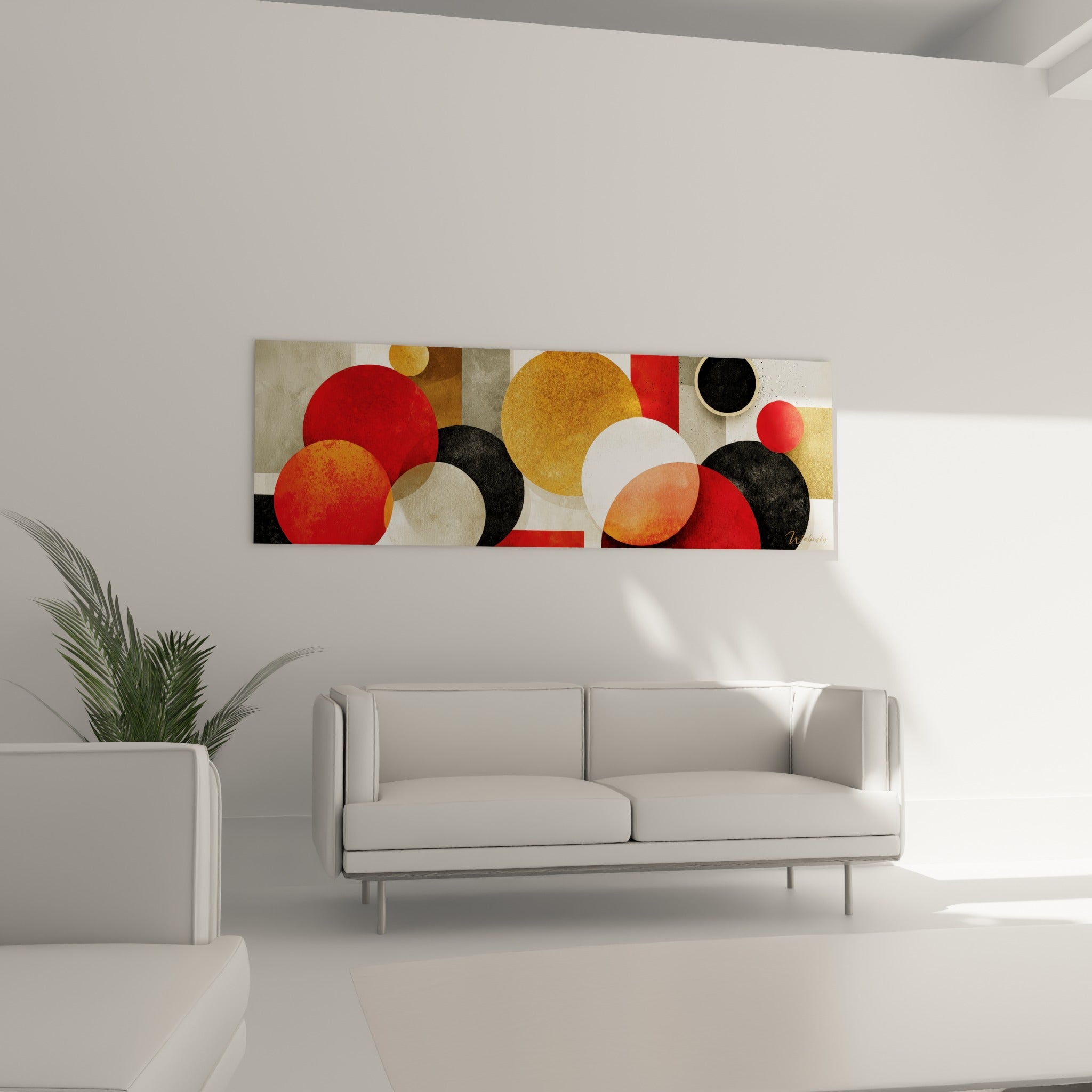 Formes rondes ocre et noir imbriquées, tableau géometrique abstrait au-dessus d'un canapé dans un salon lumineux