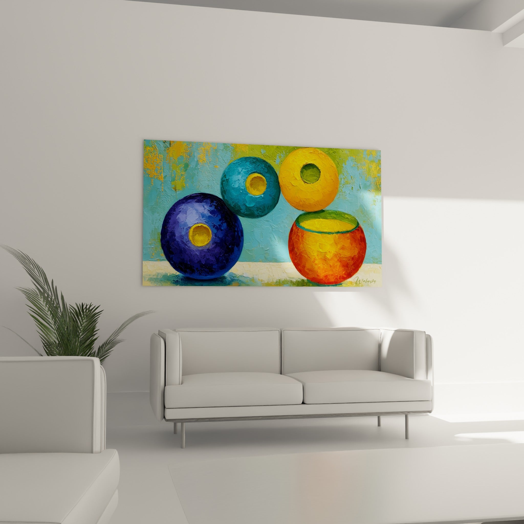 Formes sphériques jaune et bleu marine à la texture épaisse, au-dessus d'un canapé dans un salon lumineux
