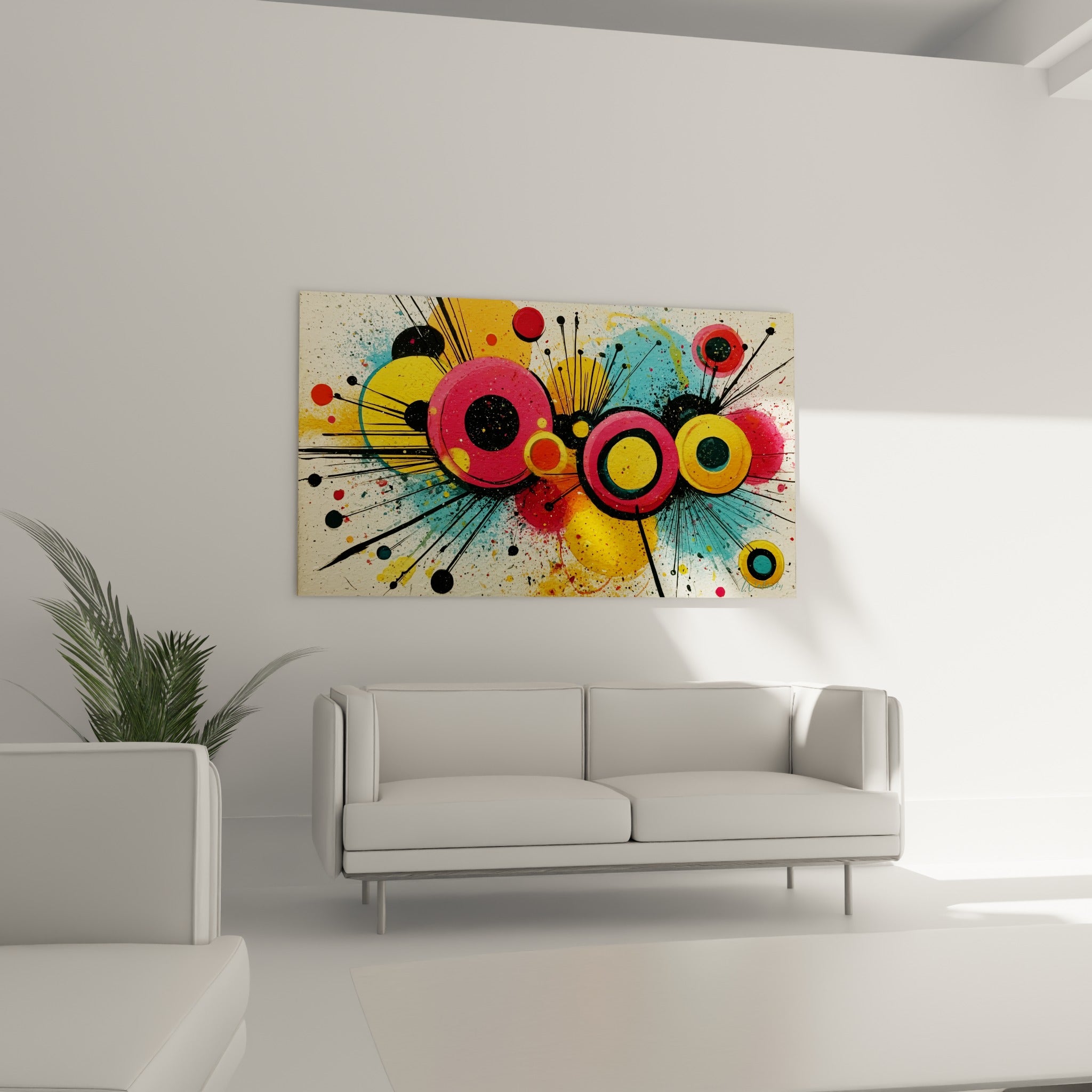 Formes rondes roses et turquoise éclatées de traits noirs suspendues au-dessus d'un canapé dans un salon lumineux