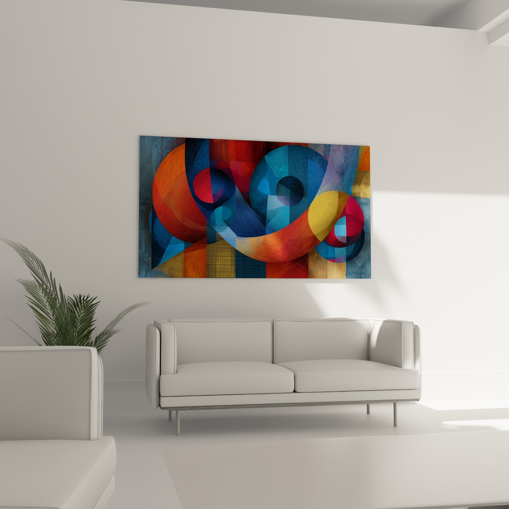 Composition abstraite aux sphères bleu marine et jaune ocre suspendue au-dessus d'un canapé dans un salon lumineux