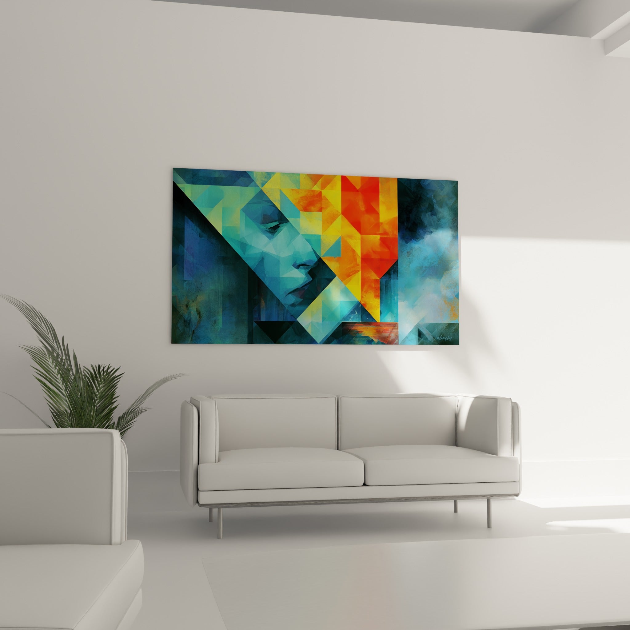 Formes triangulaires bleu profond et jaune ambré de ce tableau géometrique abstrait au-dessus d'un canapé dans un salon lumineux
