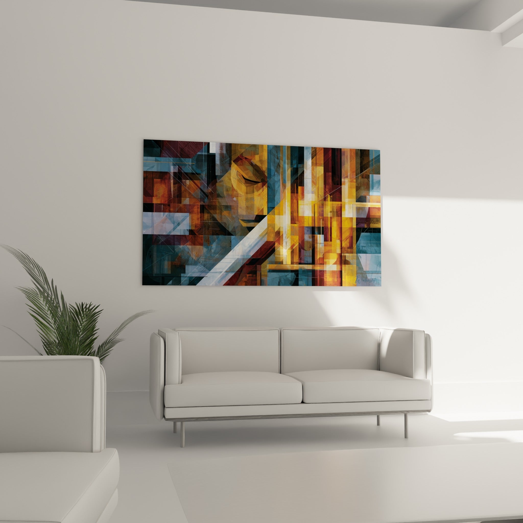 Fragments dorés et bordeaux composant un visage abstrait au-dessus d'un canapé dans un salon lumineux