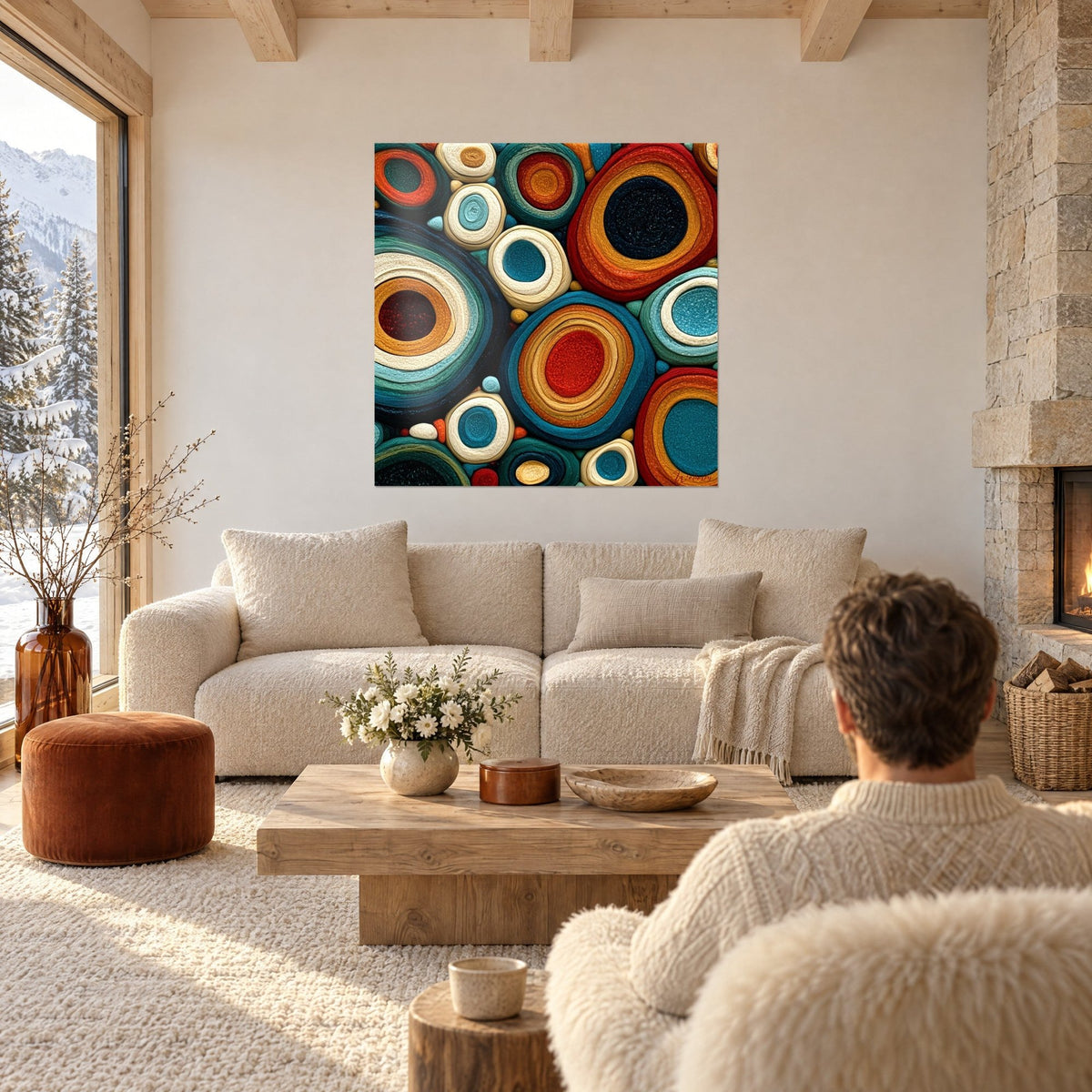 Quadro anelli concentrici in rilievo blu petrolio e terracotta, nucleo rosso vivo, sopra un divano in un soggiorno luminoso
