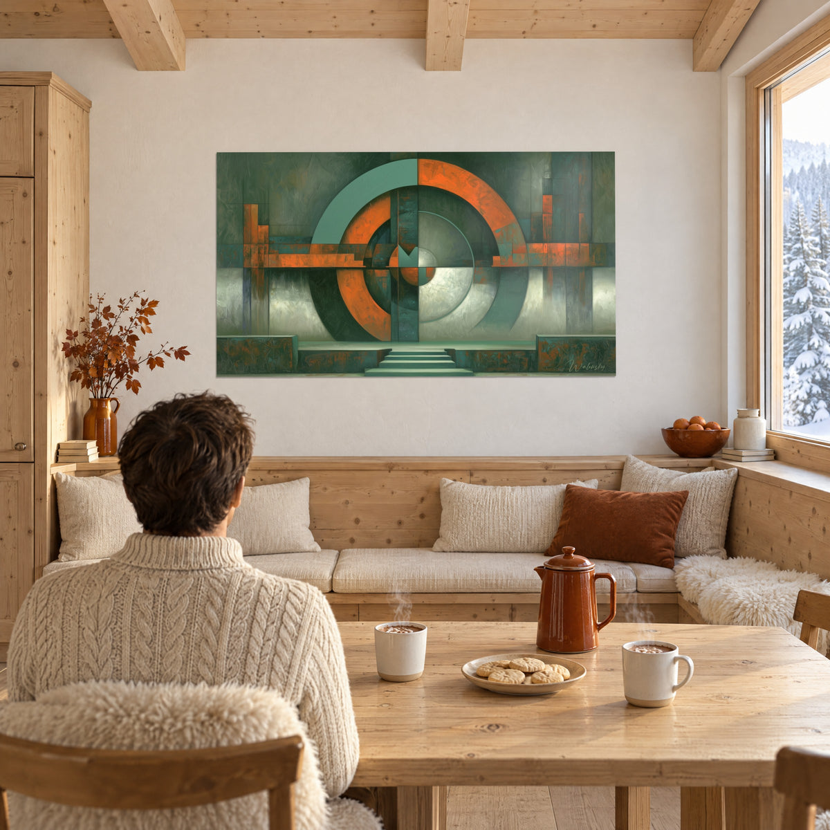 Tableau portail circulaire orange brûlé et gris-vert, texture de peinture épaisse, face à un homme attablé de dos dans un coin repas de chalet