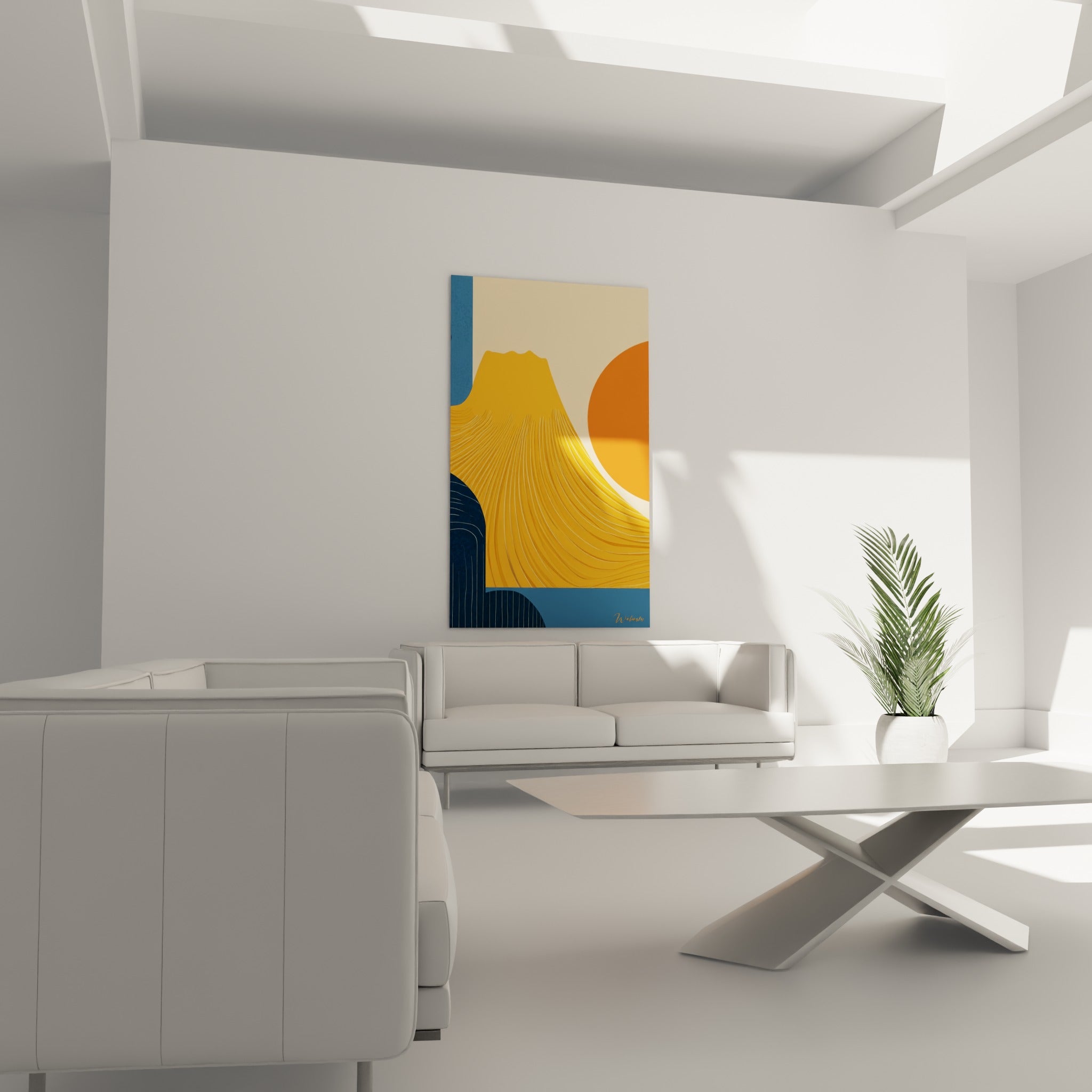 Silhouette de montagne jaune ocre et bleu pétrole, tableau géométrique abstrait au-dessus d'un canapé dans un salon lumineux