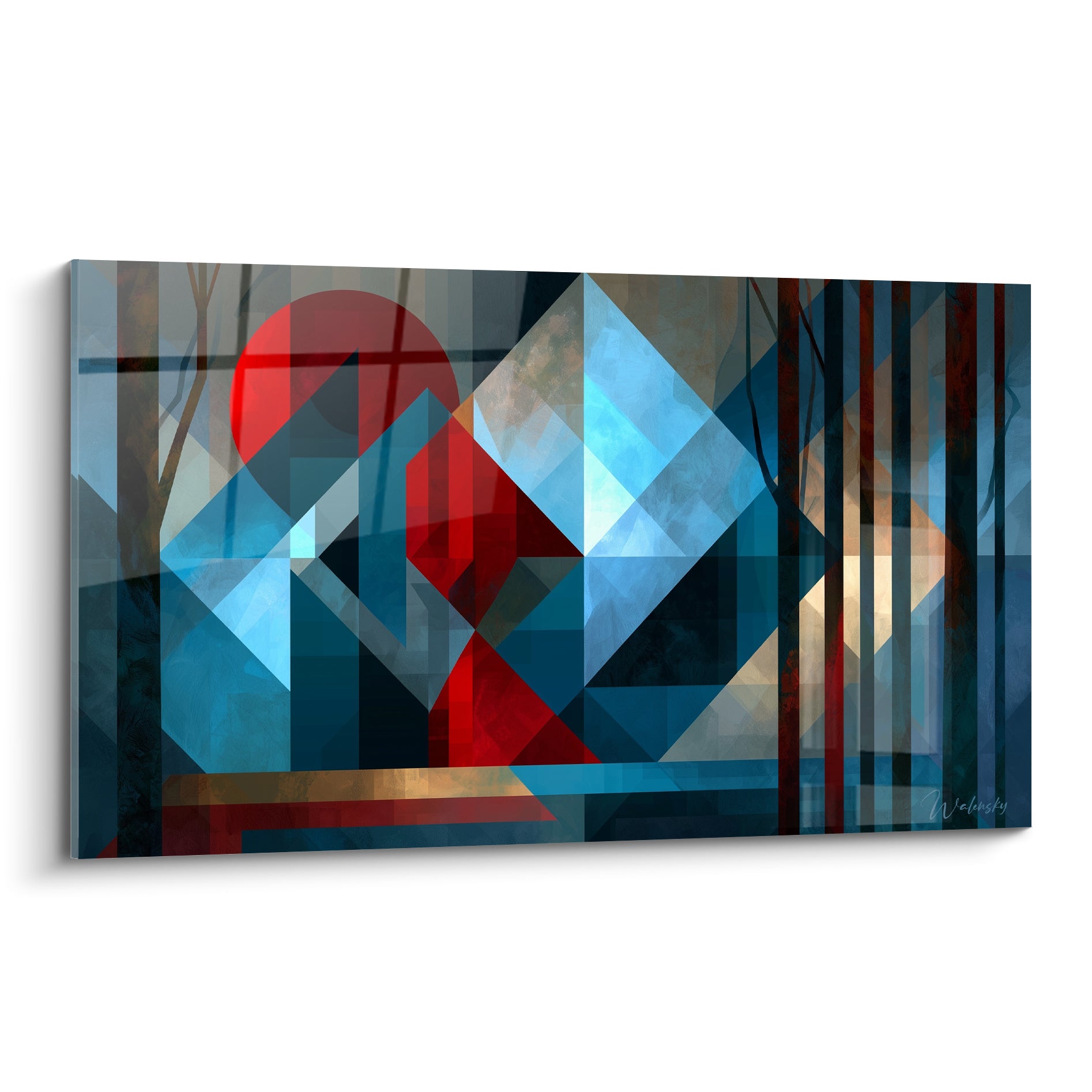 Losanges bleu marine et disque rouge intense composent ce tableau géométrique abstrait de forêt stylisée