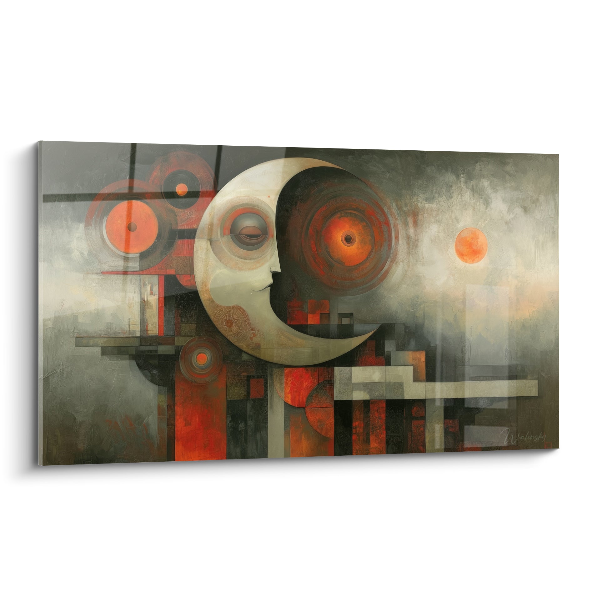 Lune ivoire au profil anthracite entourée de cercles terracotta dans un tableau géometrique abstrait