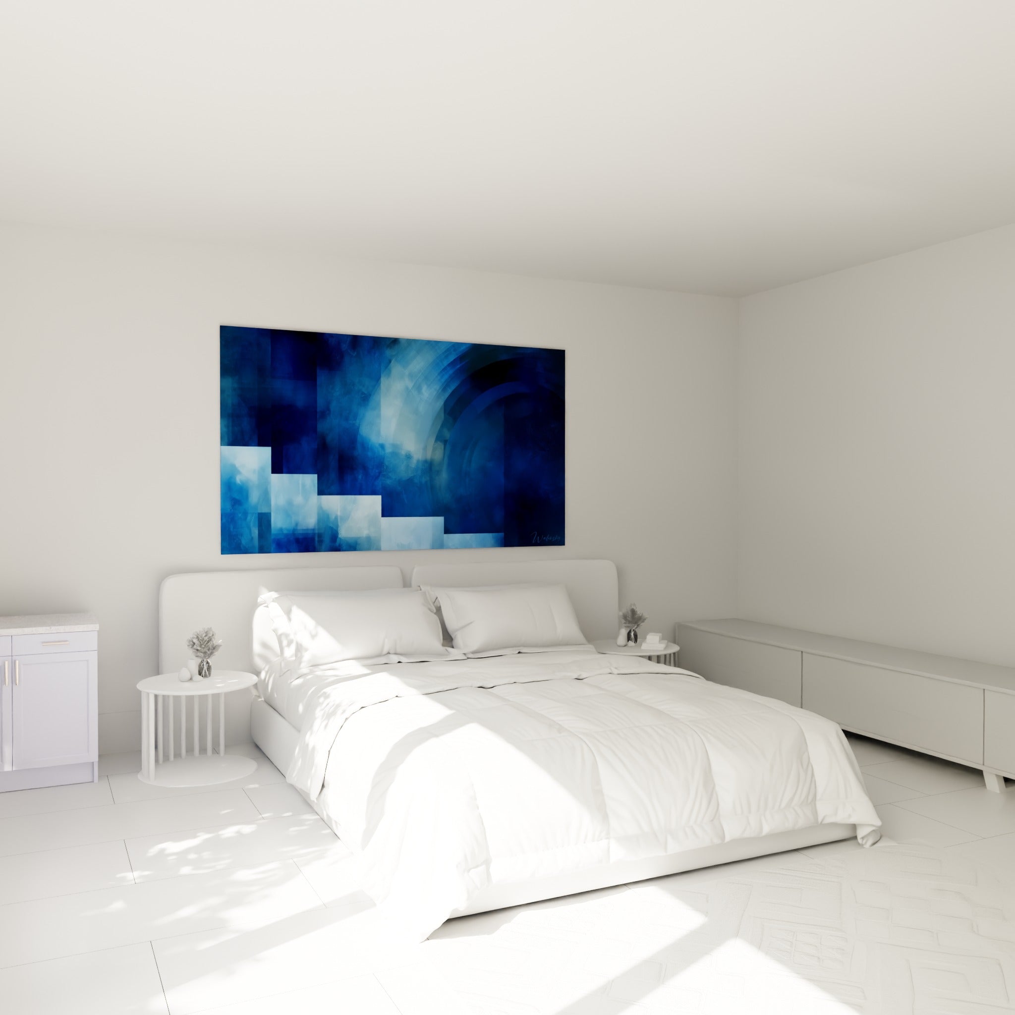 Marches bleu pastel et arche bleu marine du géométrique abstrait, au-dessus d'un lit dans une chambre claire