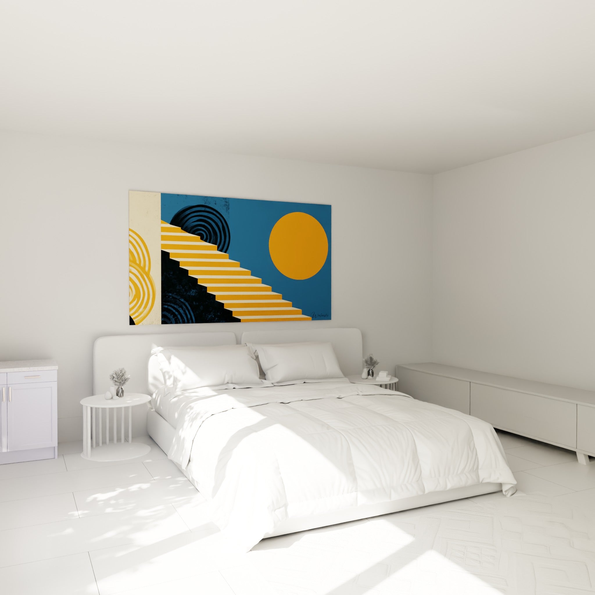 Marches orangées menant à un soleil bleu marine, accrochées au-dessus d'un lit dans une chambre claire