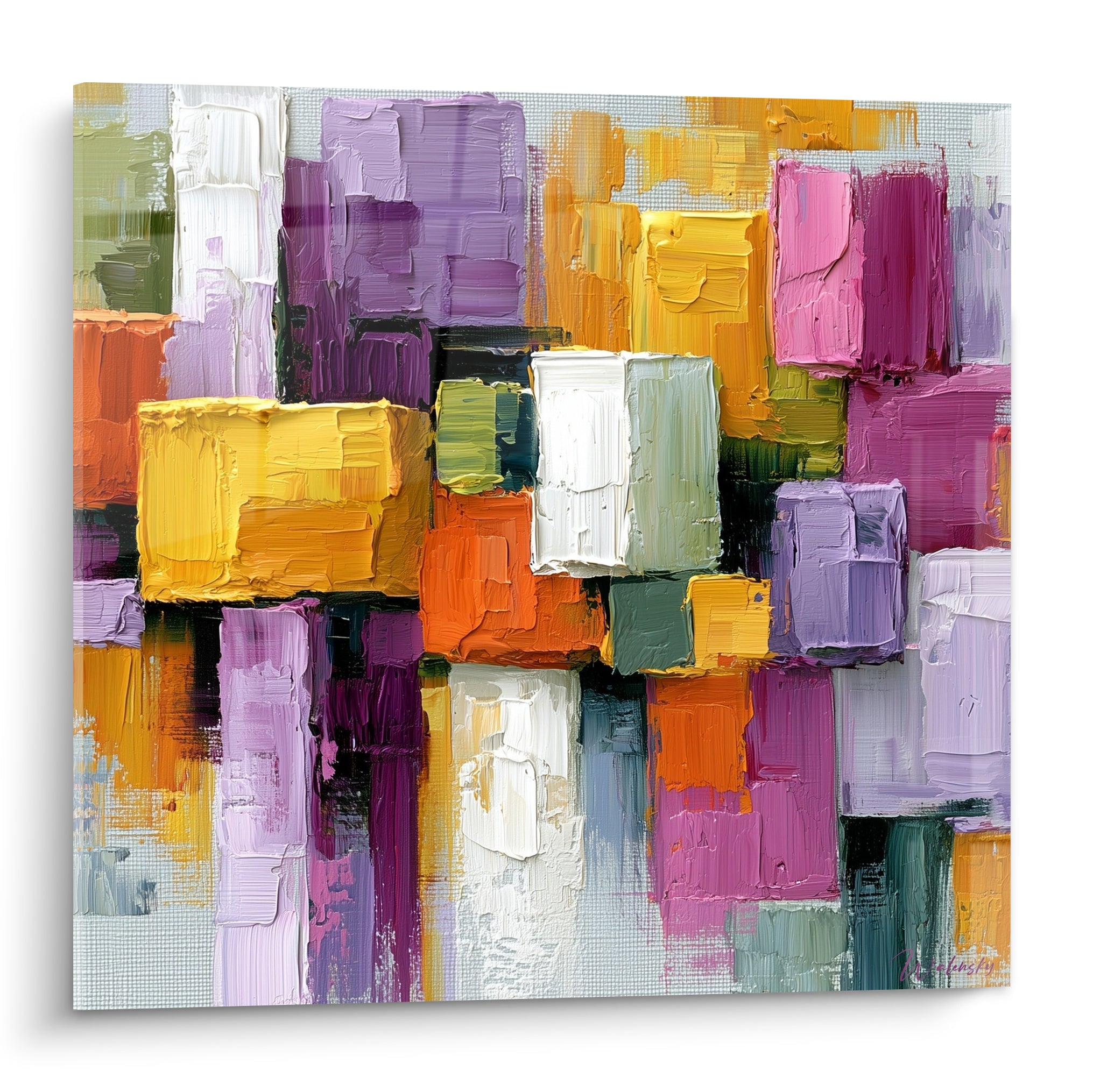 Mosaïque de blocs mauve, safran et fuchsia texturés à la spatule, tableau géométrique abstrait plein cadre