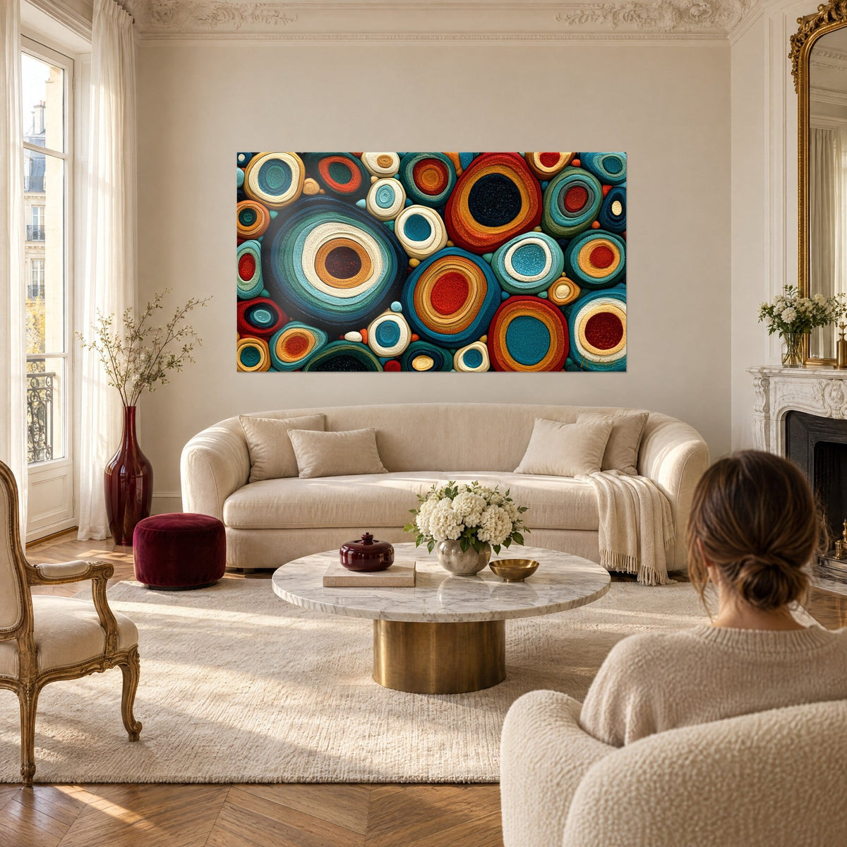 Wall art with concentric circles in teal and terracotta, textured layers, above a sofa in a bright living room