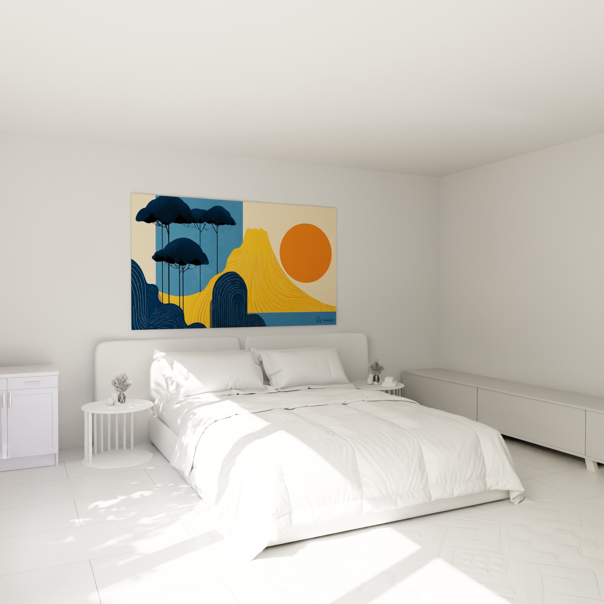 Mont doré et soleil orange en aplats graphiques, tableau géometrique abstrait au-dessus d'un lit dans une chambre claire