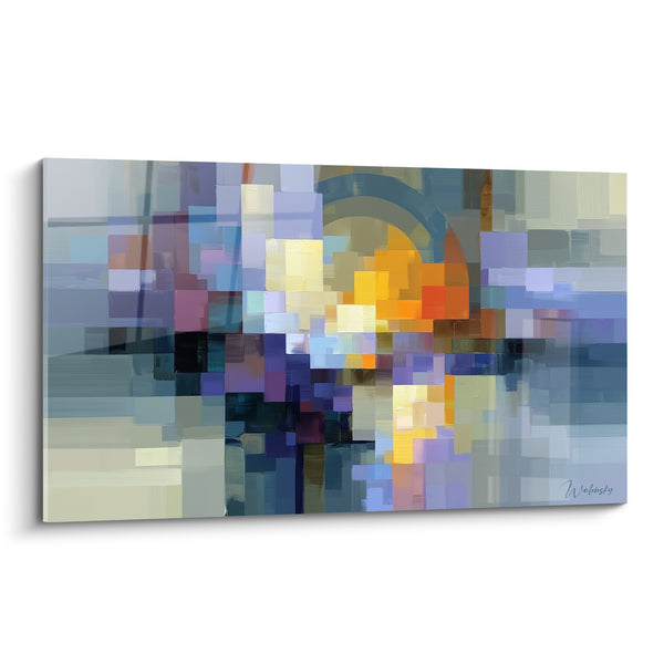 Tableau Mosaïque bleue et dorée aux reflets d'arche - Lueur fragmentée - Edition géometrique abstrait