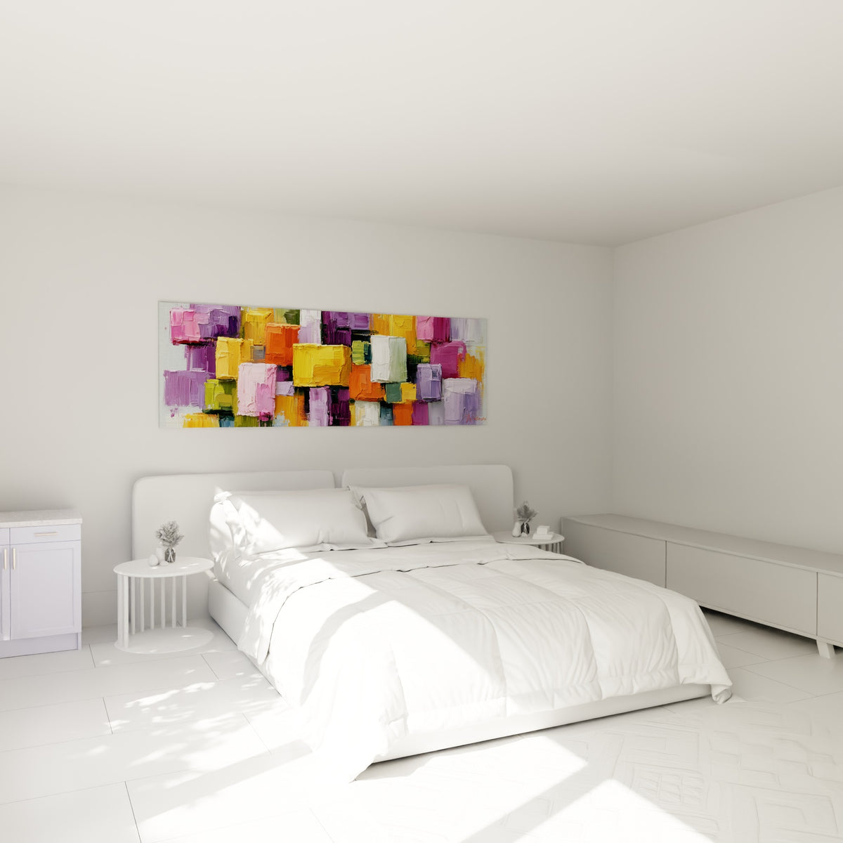 Blocs violets et dorés en relief, composition géométrique abstraite, au-dessus d'un lit dans une chambre claire