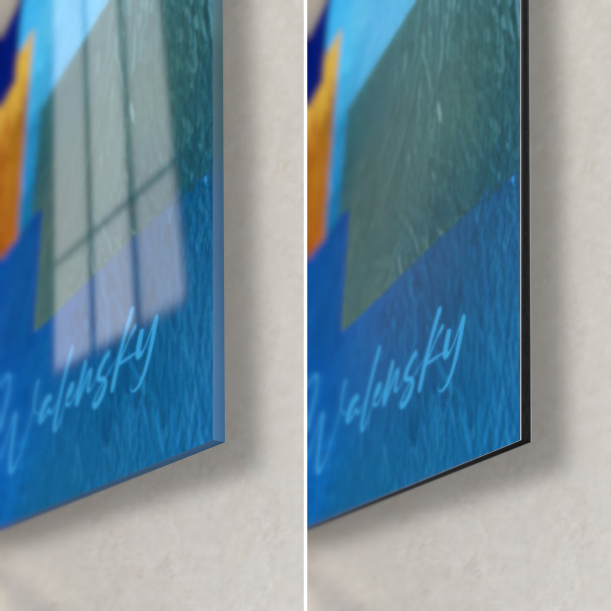 Gemälde geometrisch in Königsblau und Safrangelb, untere rechte Ecke: glänzendes Acrylglas links, mattes Dibond-Aluminium rechts, 3 mm Kante