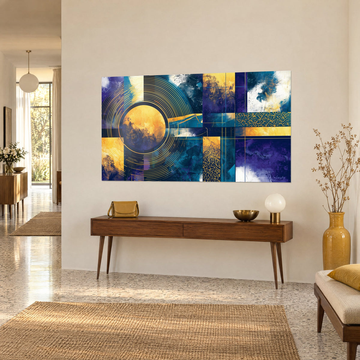 Wall art golden eclipse with fine rings, mustard yellow and petrol blue mosaic panels, on a beige hallway wall