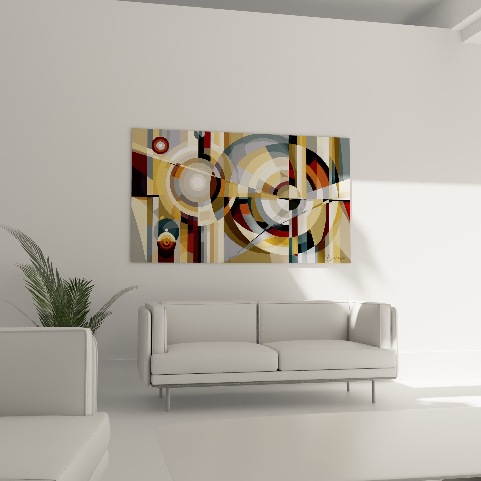 Formes circulaires bordeaux et dorées de ce tableau géométrique abstrait accroché au-dessus d'un canapé dans un salon lumineux