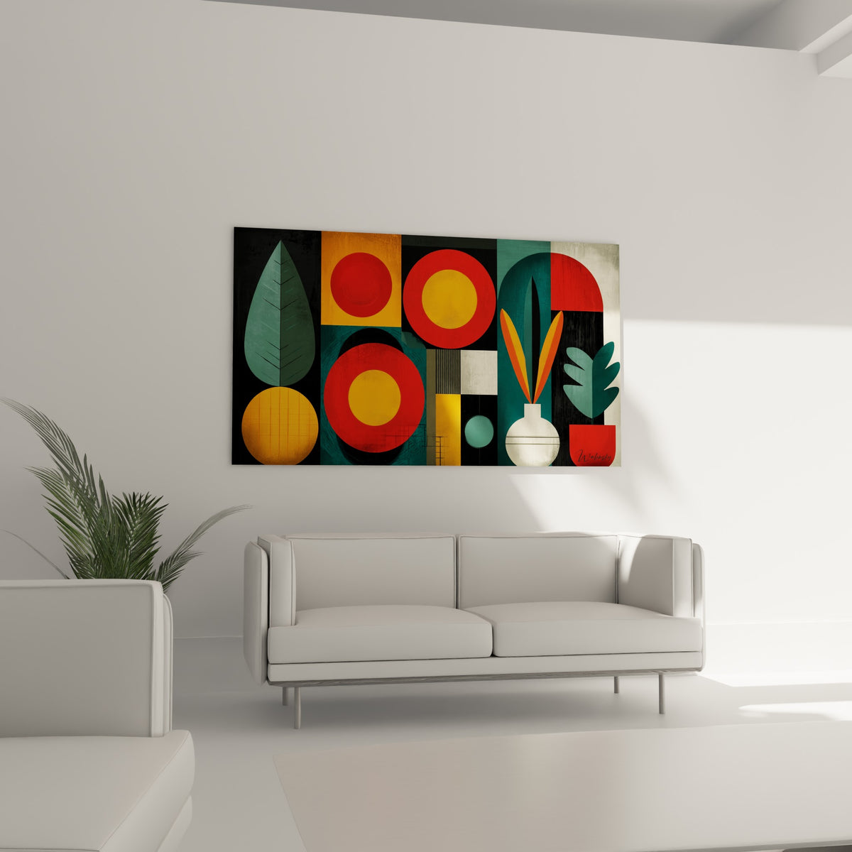 Motifs géométriques ocre et vert sagesse au-dessus d'un canapé dans un salon lumineux