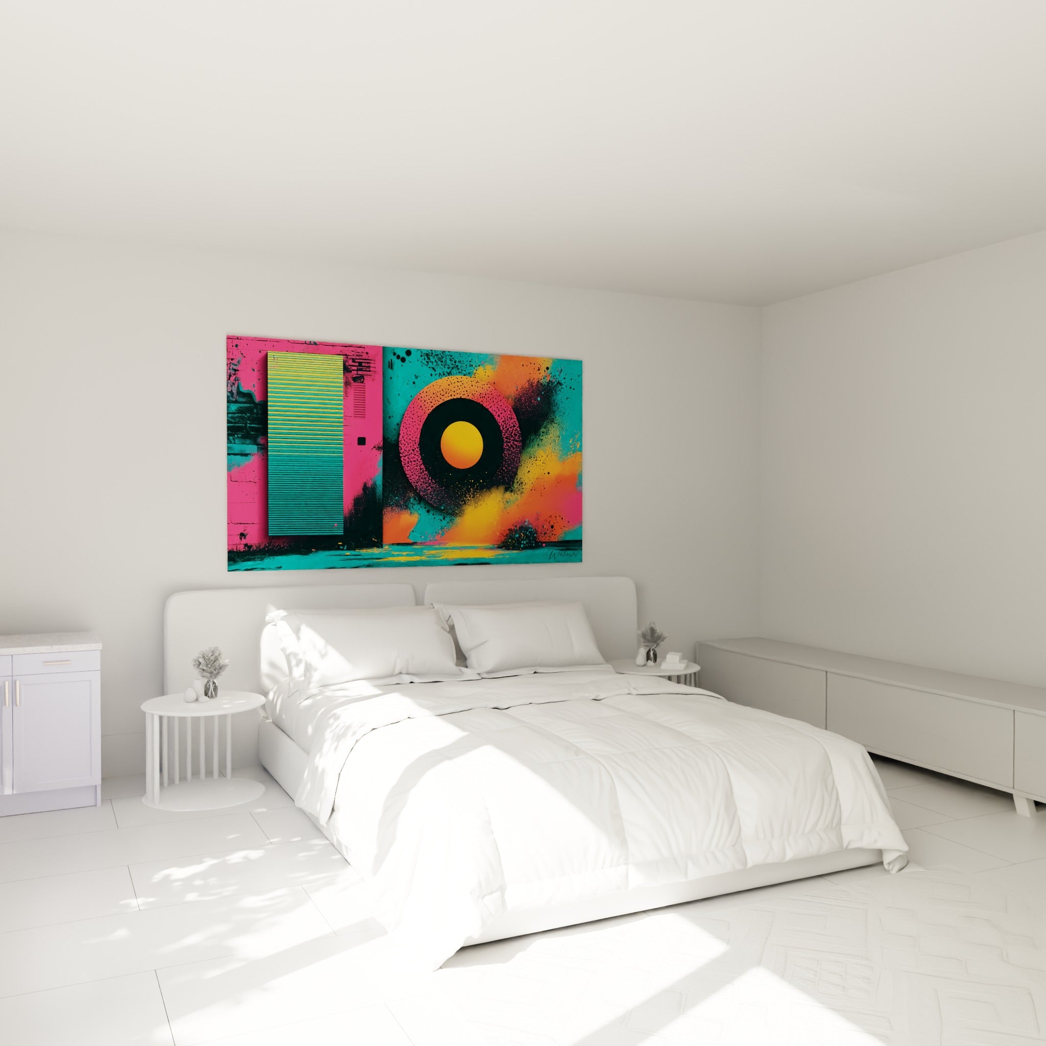 Cercle orangé et mur rose de ce tableau géométrique abstrait au-dessus d'un lit dans une chambre claire