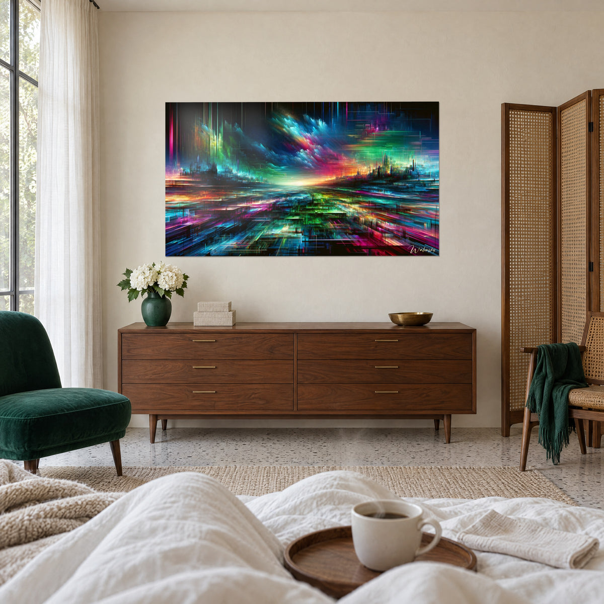 Geometrisch aurora-schilderij met convergerende lijnen, fel groen en fuchsiaroze op een donkere achtergrond, boven een bed in een lichte slaapkamer