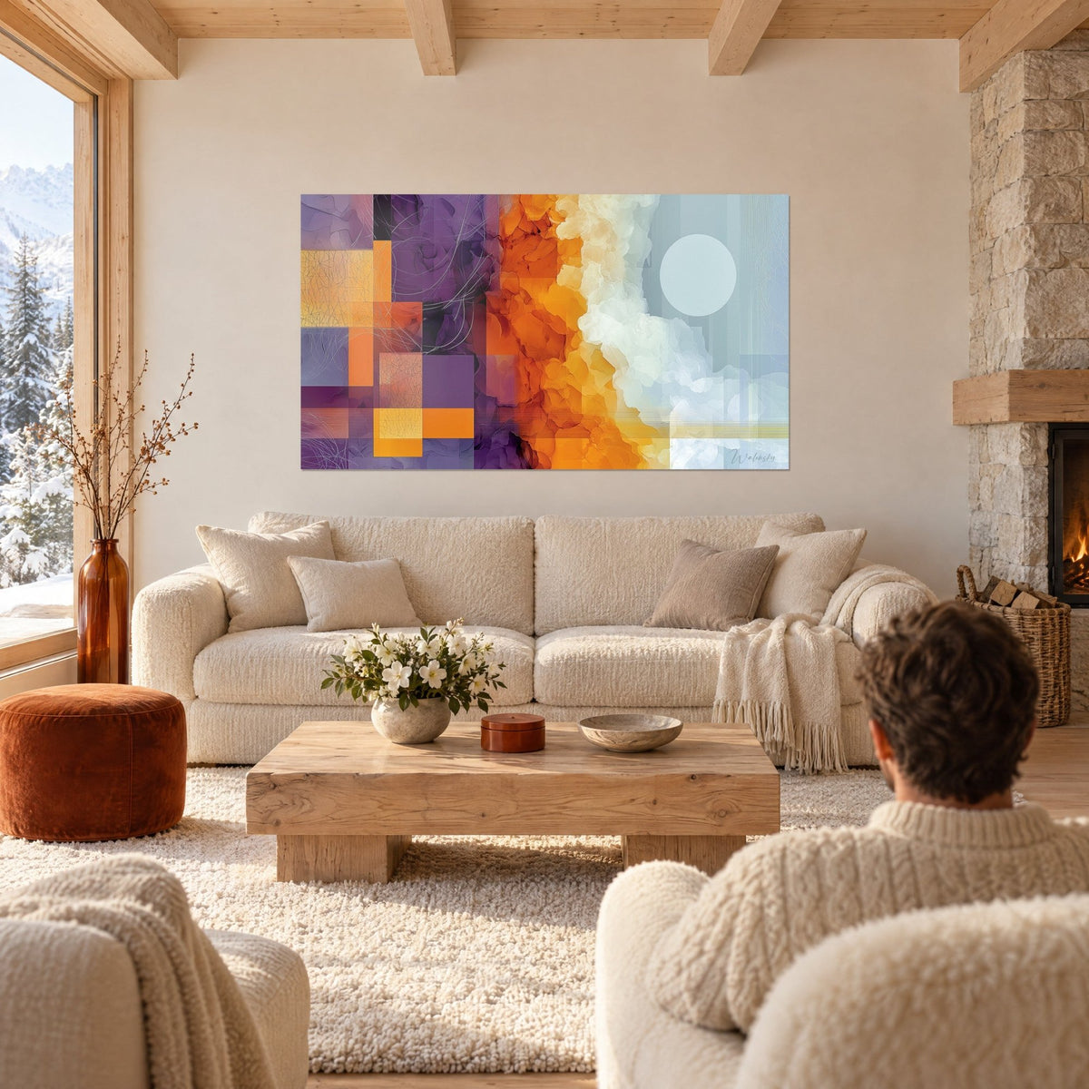 Quadro fusione astratta viola e arancio, nuvola bianca e disco pallido, sopra un divano in un soggiorno luminoso