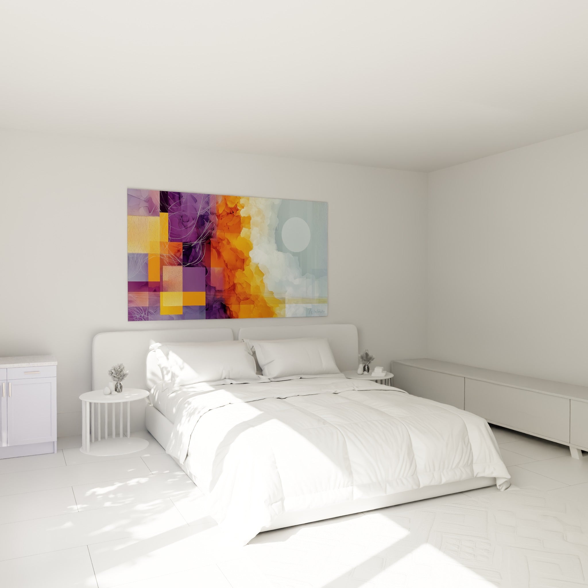 Formes fluides violettes et orangées d'un tableau géométrique abstrait au-dessus d'un lit dans une chambre claire