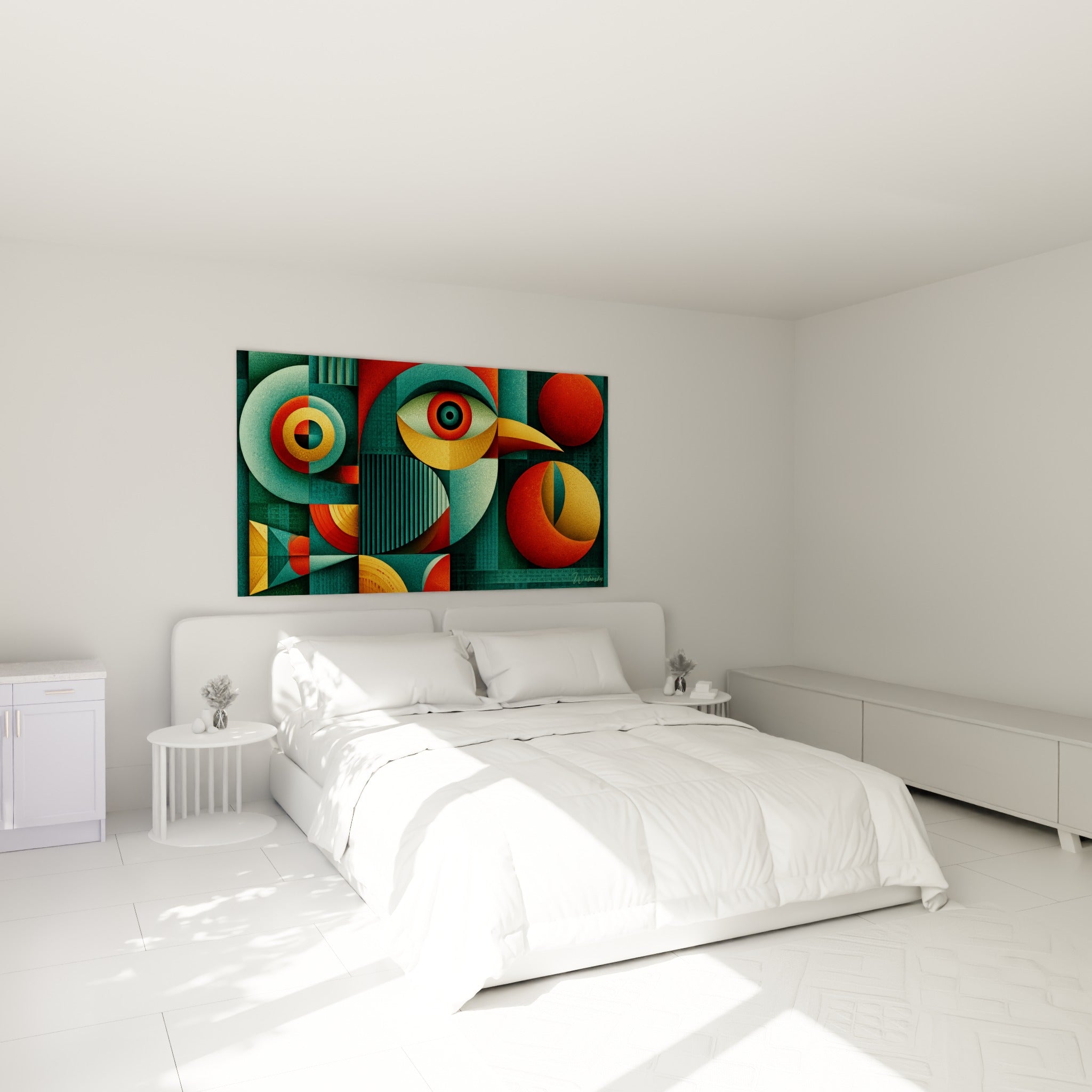 Oiseau stylisé en volumes sarcelle et orange, tableau géométrique abstrait au-dessus d'un lit dans une chambre claire