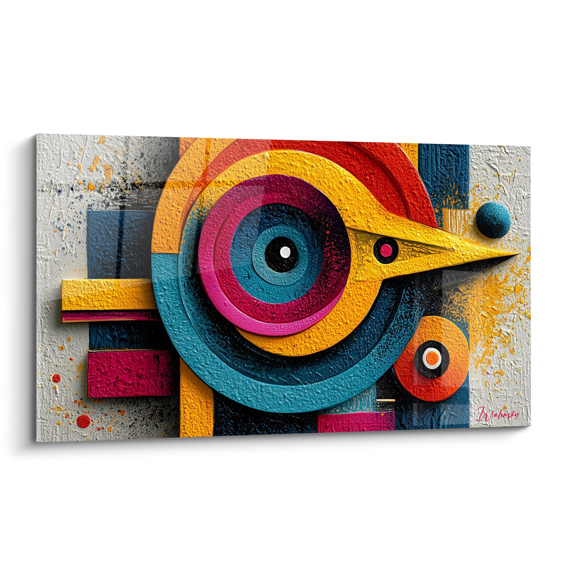 Oiseau stylisé aux cercles jaune éclatant et bleu canard sur fond blanc texturé