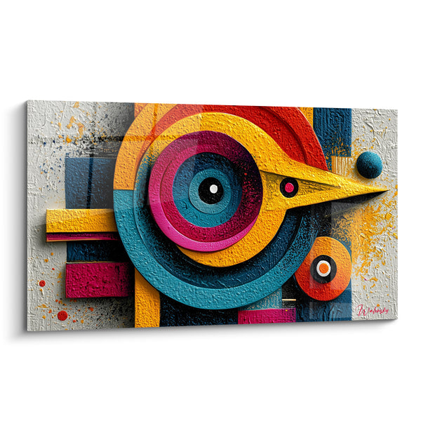 Tableau Oiseau stylisé aux cercles jaune et bleu canard - Regard captif - Edition géometrique abstrait