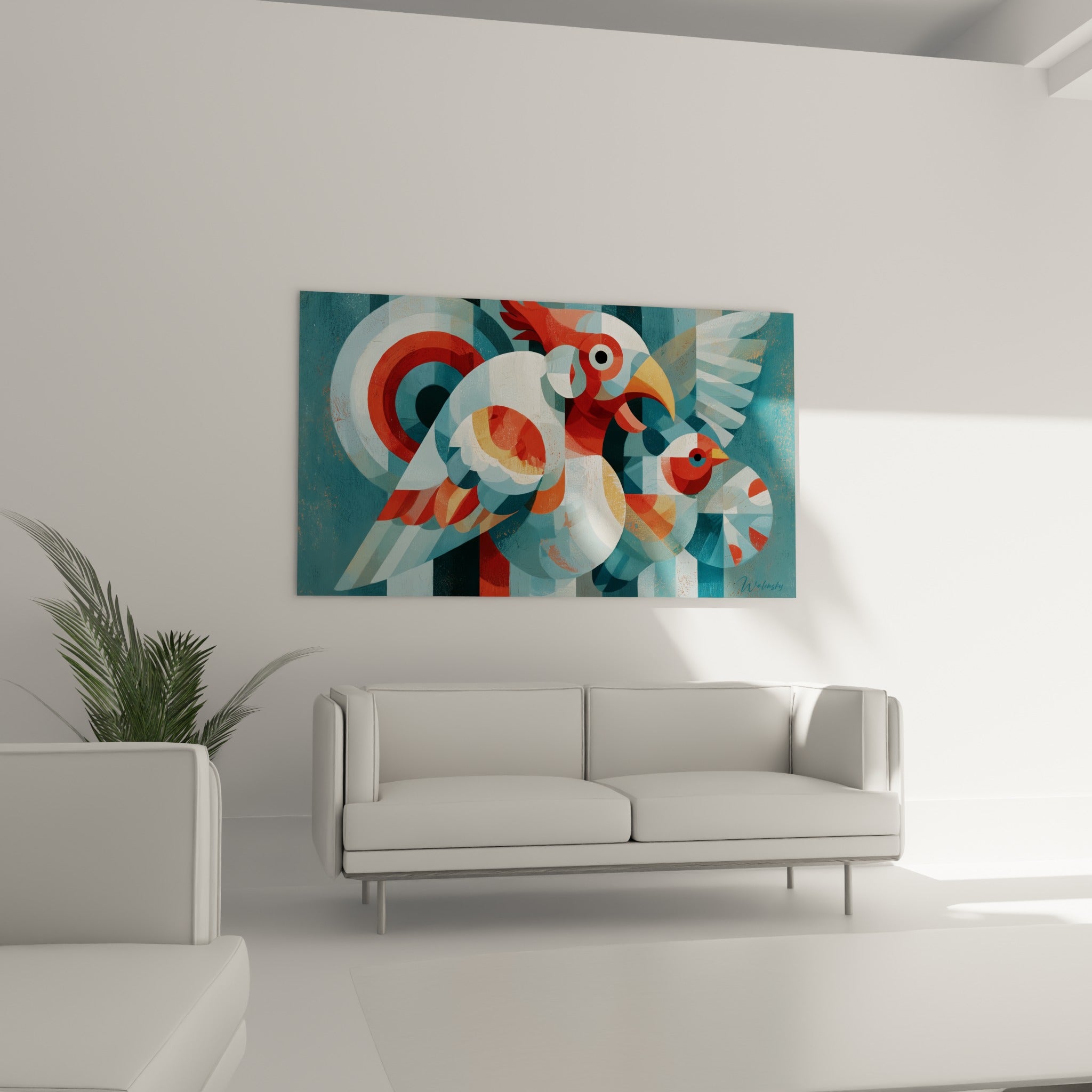 Volatiles rouge brique et bleu marine en aplats graphiques, au-dessus d'un canapé dans un salon lumineux