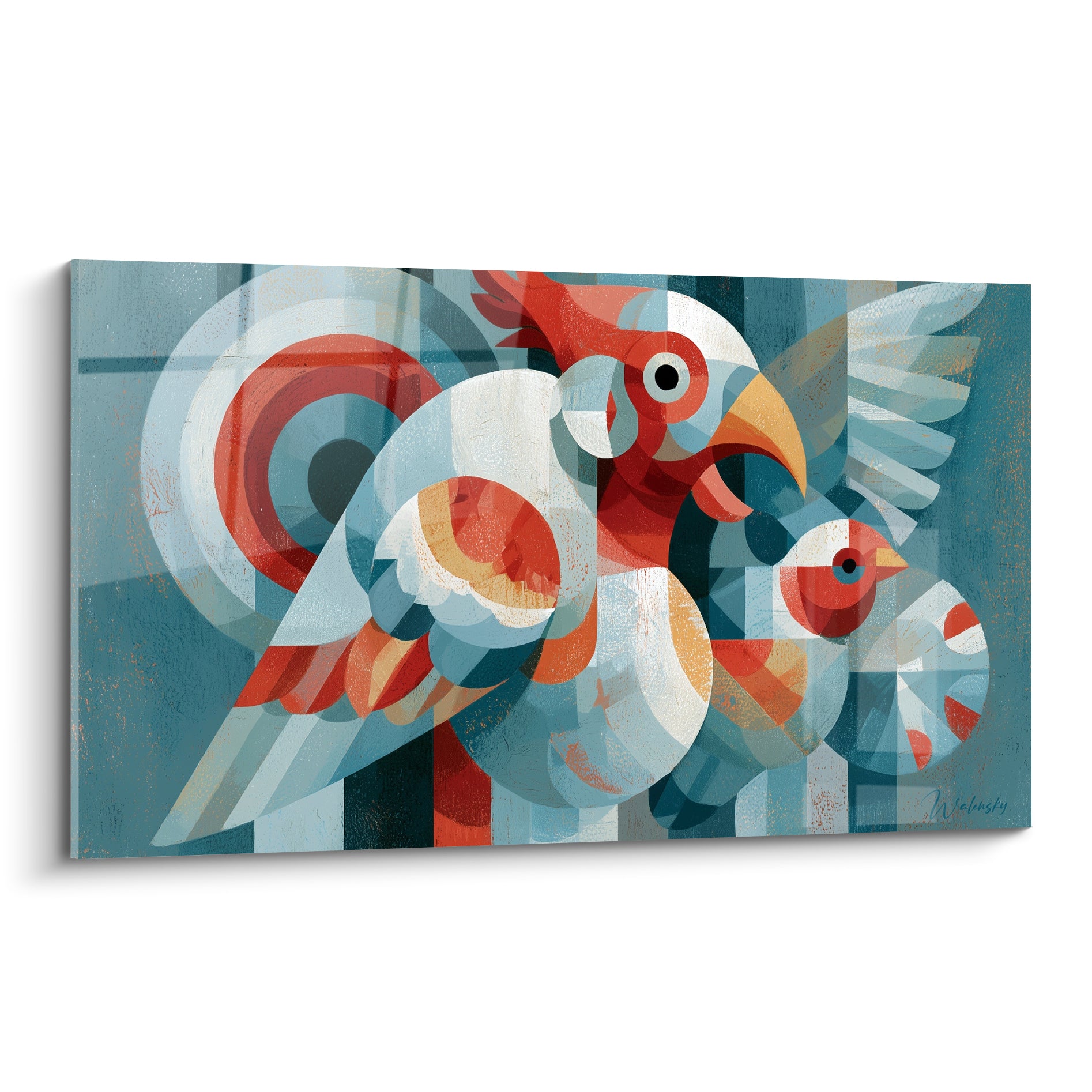 Oiseaux bleu pétrole et rouge brique aux formes facettées, style géometrique abstrait éclatant