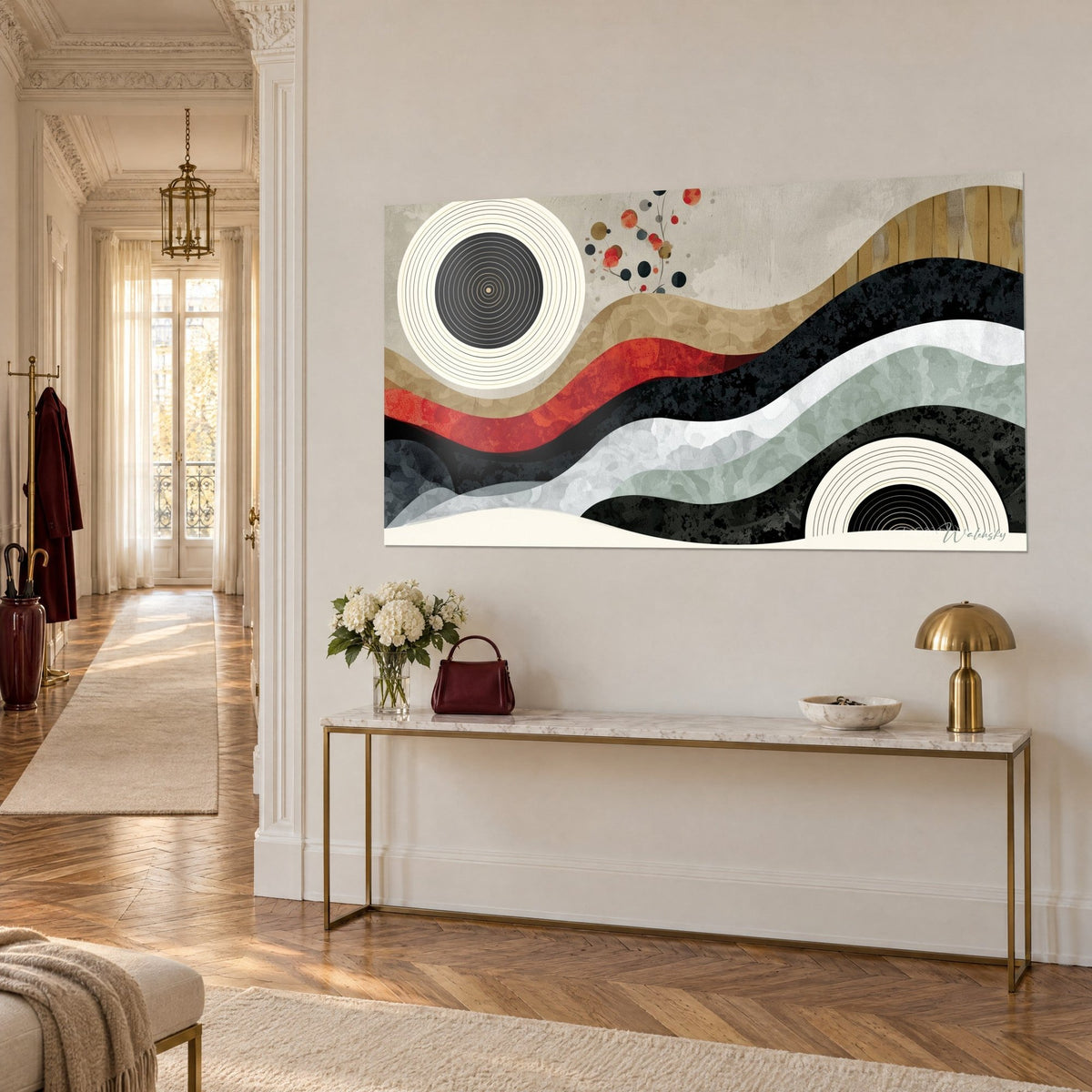 Tableau cercles concentriques crème sur fond gris, bandes sinueuses sable et rouge, console dorée haussmannienne