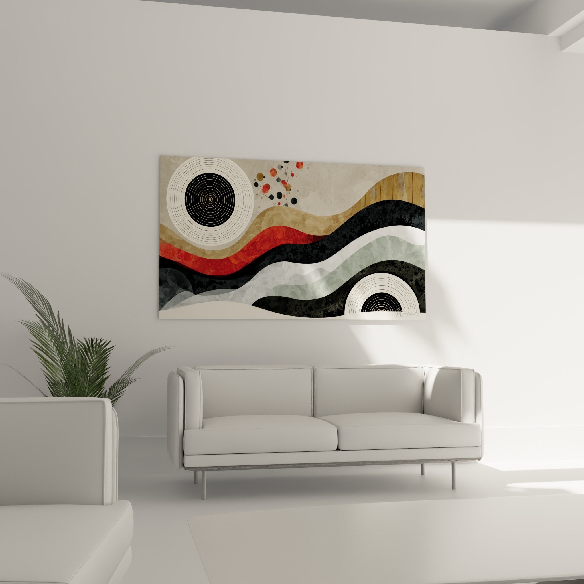 Ondulations anthracite et ocre d'un tableau géométrique abstrait au-dessus d'un canapé dans un salon lumineux