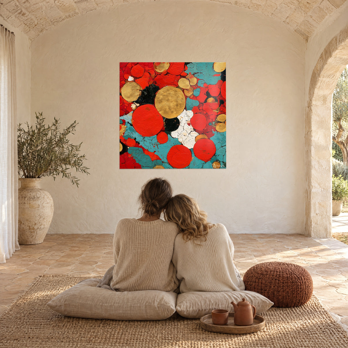 Tableau confettis de peinture épaisse rouge, or et noir sur turquoise, couple enlacé de dos sur des coussins, dans un mas provençal