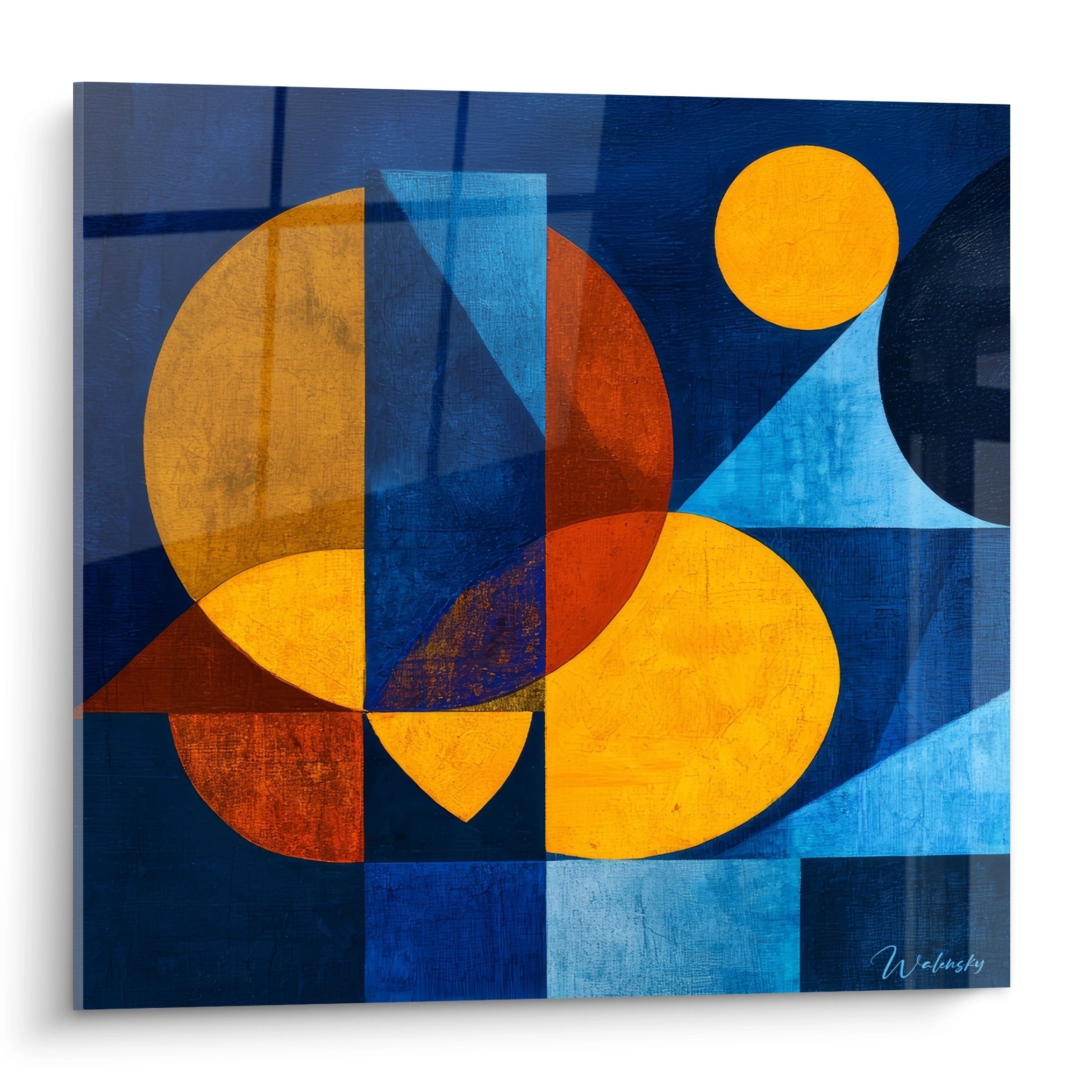 Tableau géométrique abstrait avec cercles orange et formes bleues sur fond structuré moderne